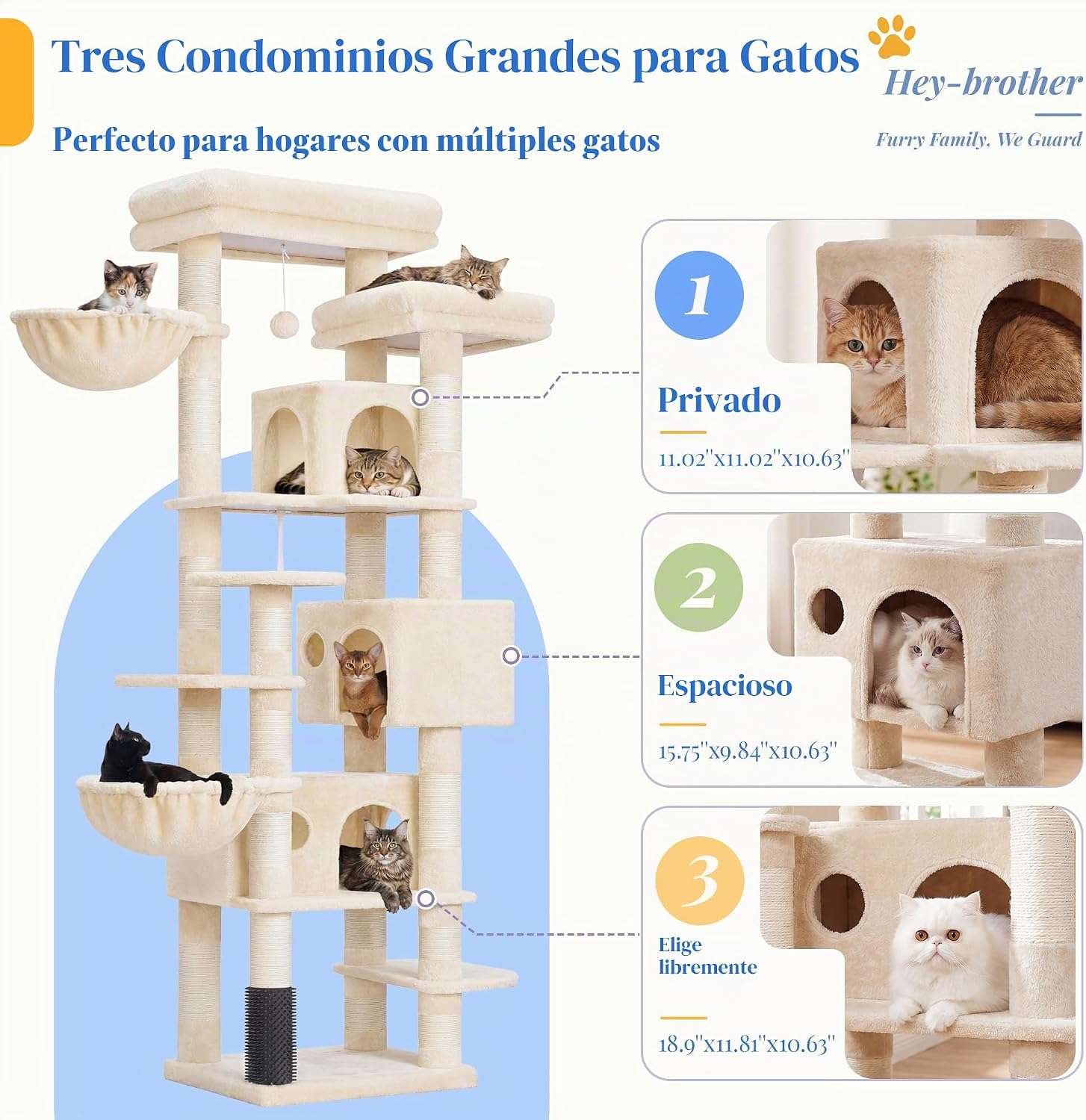 Torre rascador multi-nivel (ciento setenta y cinco centimetros) con triple condominio y doble seguridad para varios gatos.