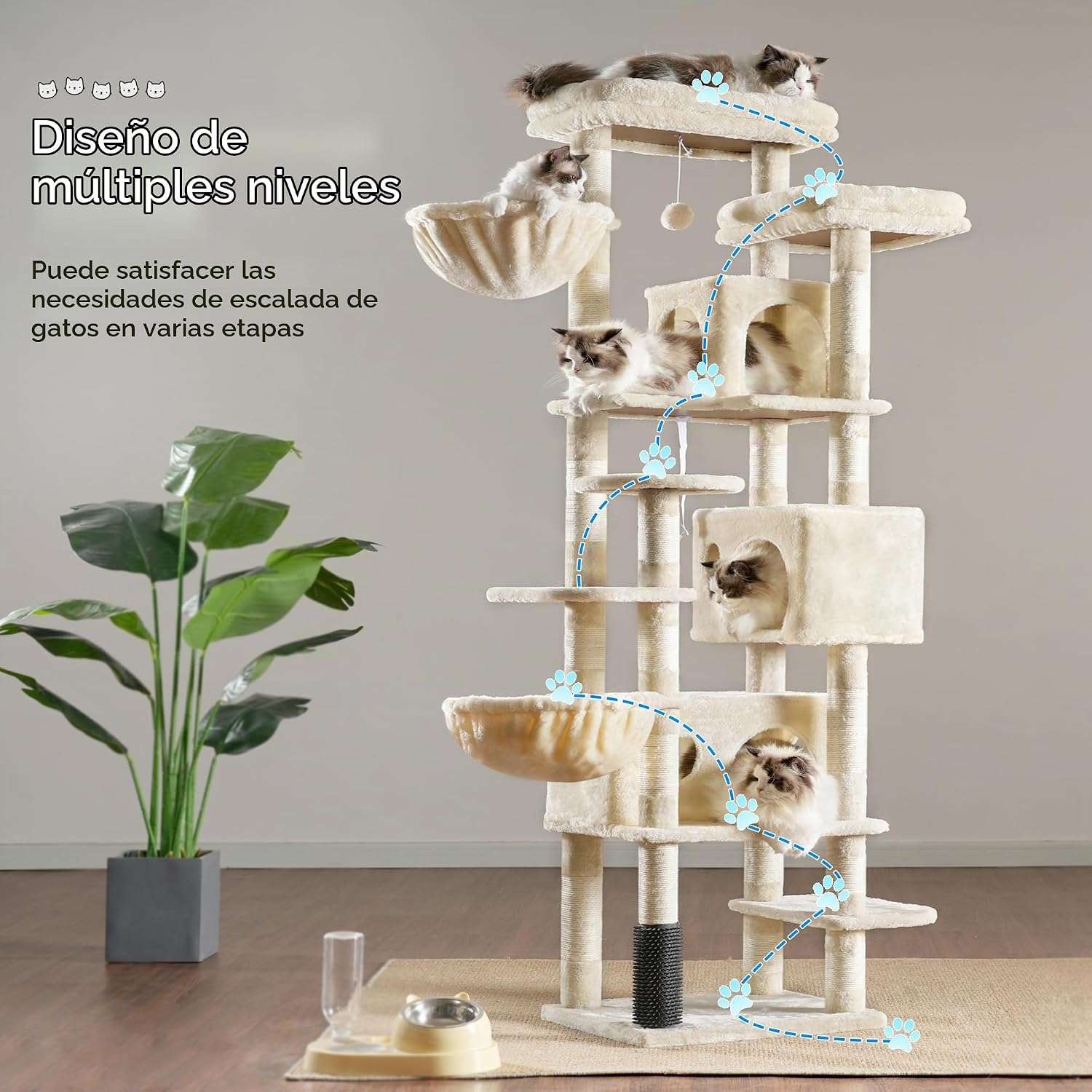 Torre rascador multi-nivel (ciento setenta y cinco centimetros) con triple condominio y doble seguridad para varios gatos.