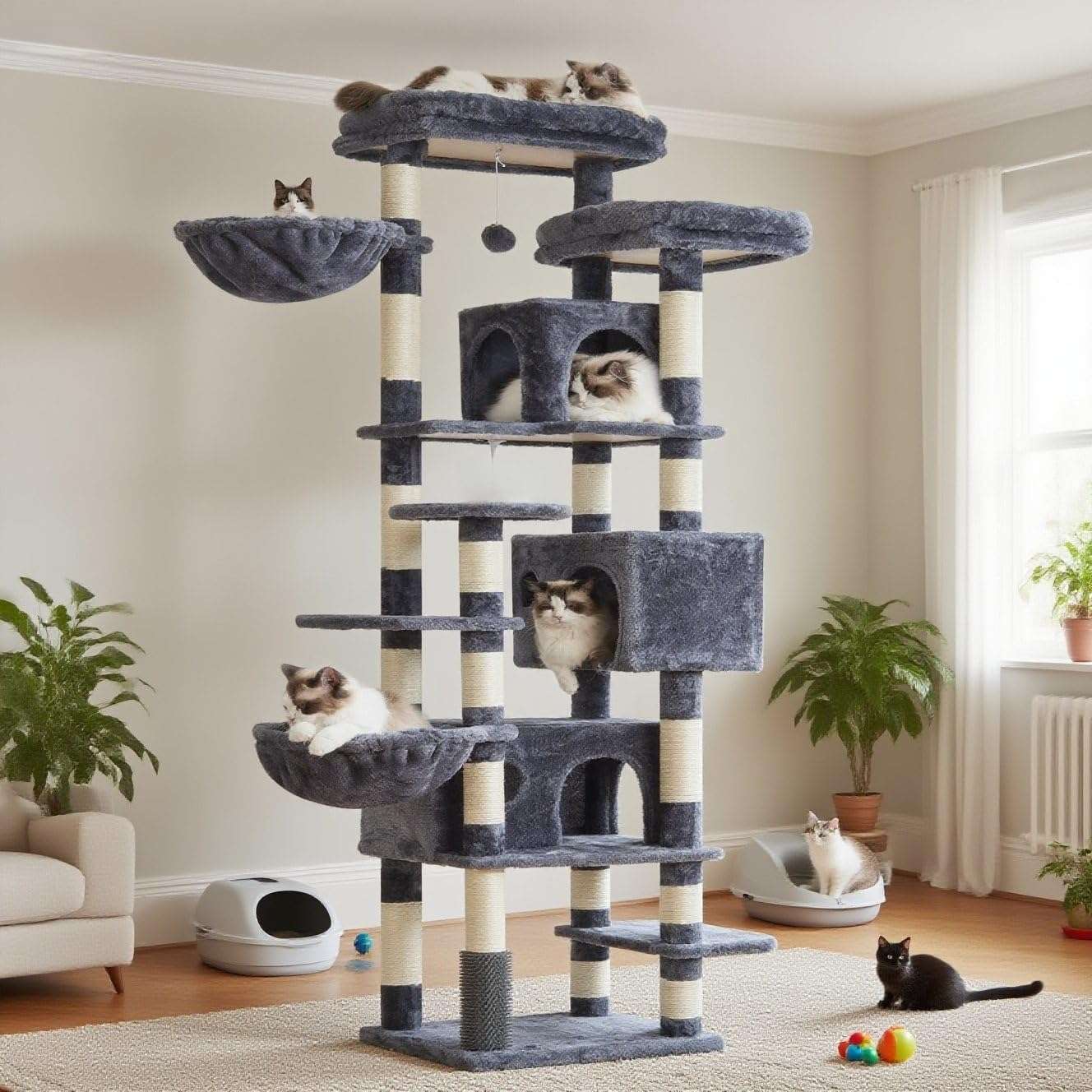 Torre rascador multi-nivel (ciento setenta y cinco centimetros) con triple condominio y doble seguridad para varios gatos.