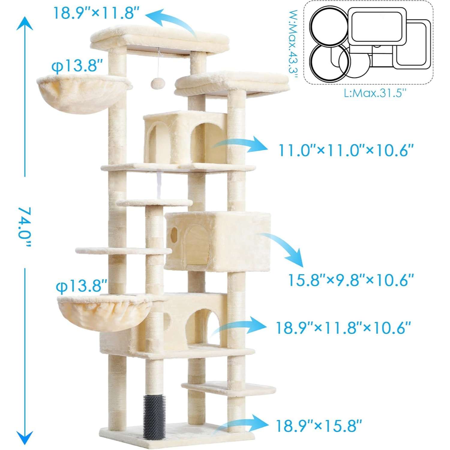 Torre rascador multi-nivel (ciento setenta y cinco centimetros) con triple condominio y doble seguridad para varios gatos.