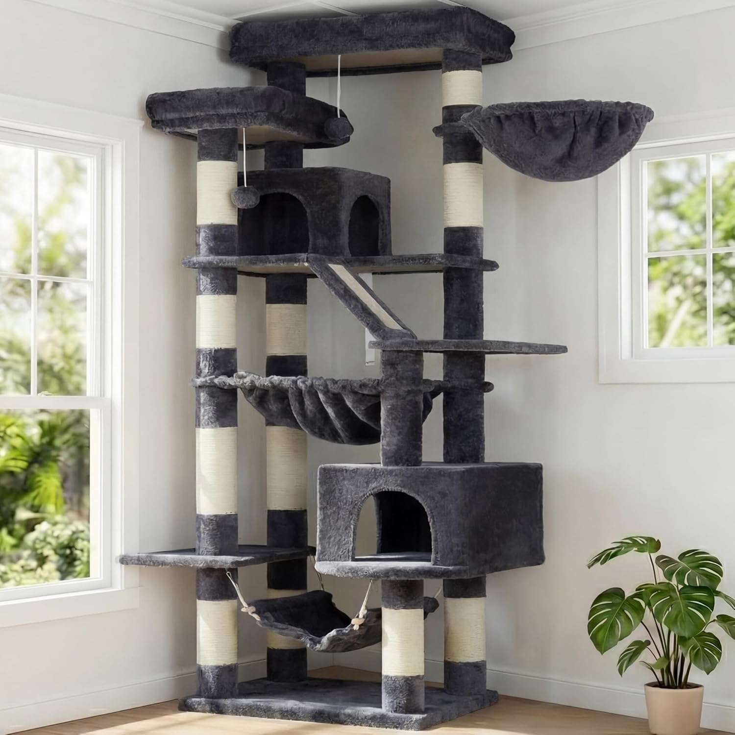 Torre rascador multi nivel de 180 centimetros para gatos con cuevas camas y tabla.