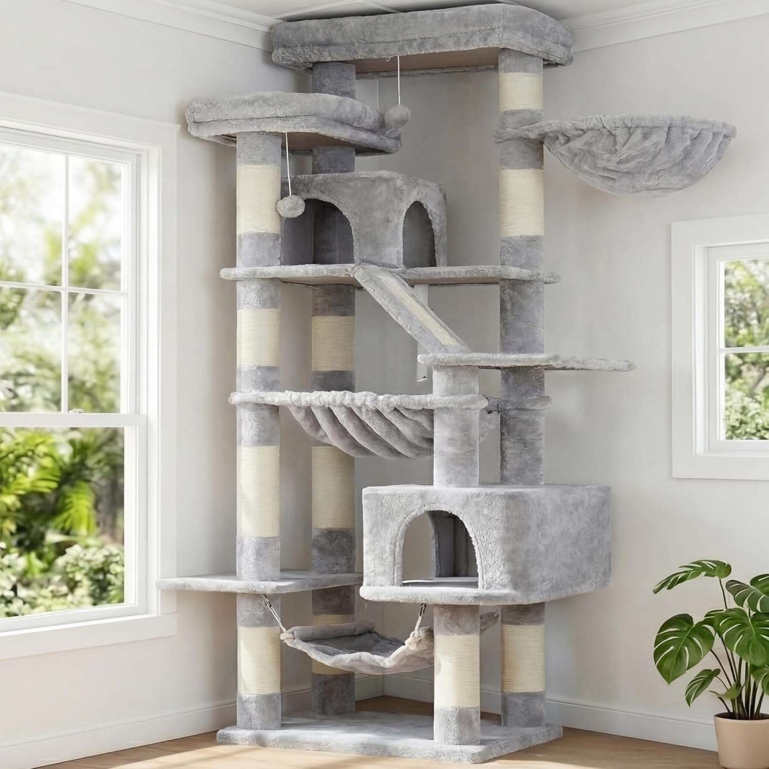 Torre rascador multi nivel de 180 centimetros para gatos con cuevas camas y tabla.