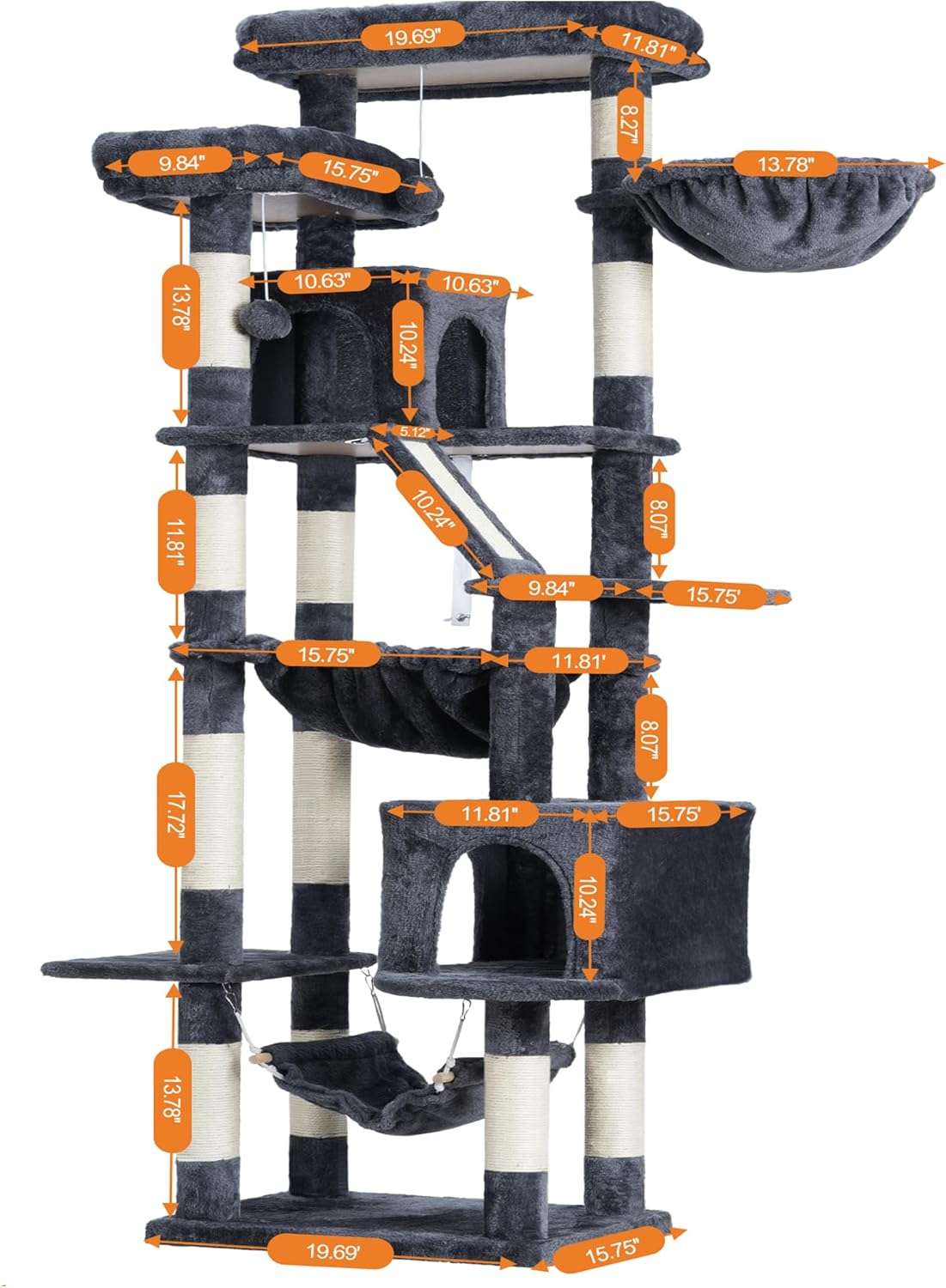 Torre rascador multi nivel de 180 centimetros para gatos con cuevas camas y tabla.