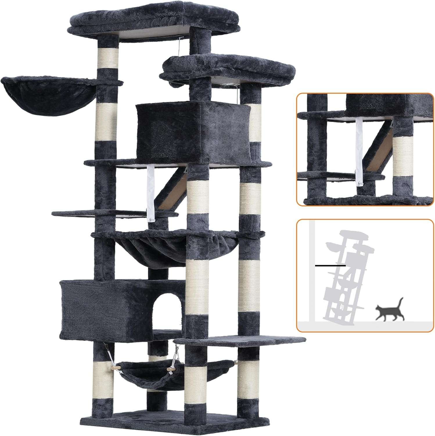 Torre rascador multi nivel de 180 centimetros para gatos con cuevas camas y tabla.