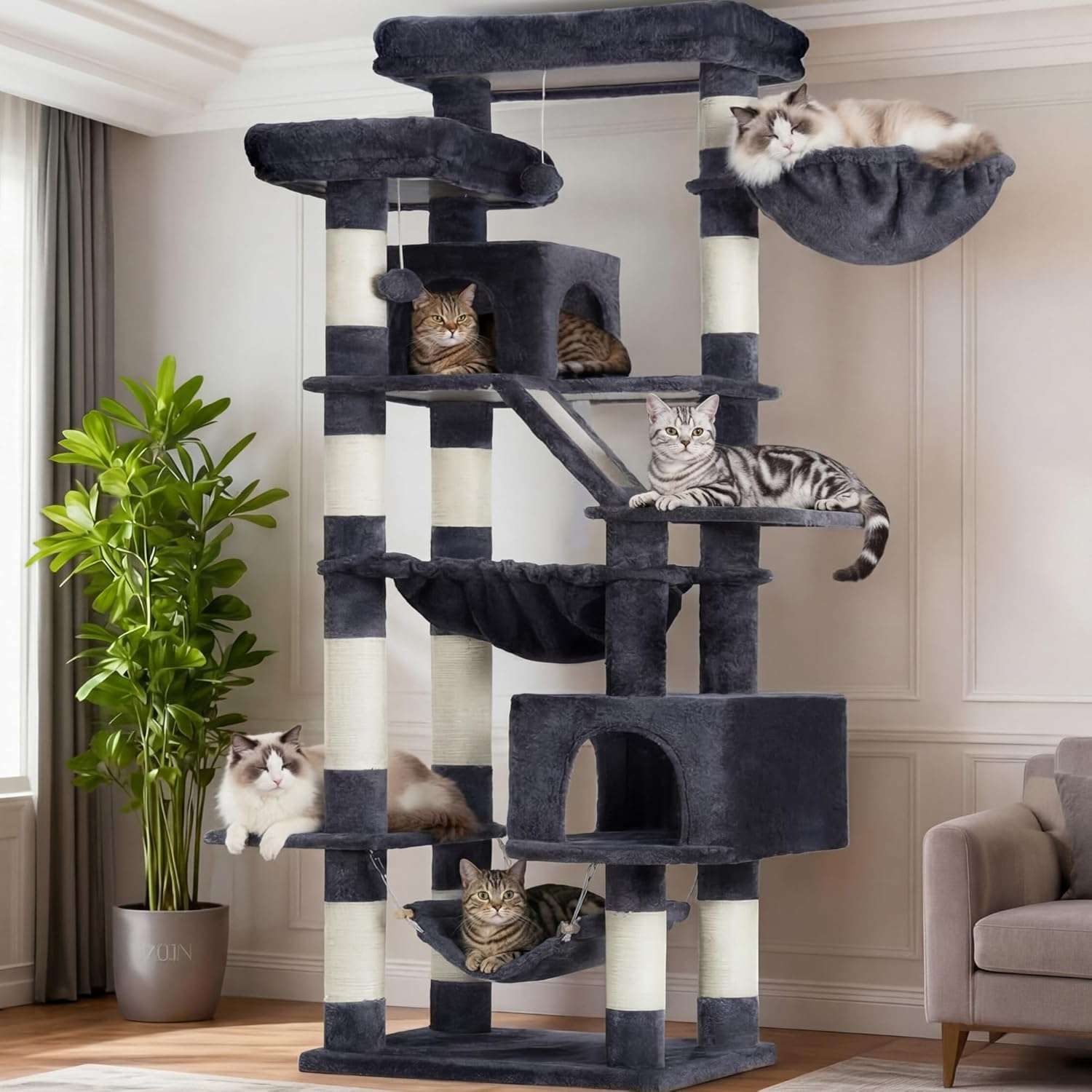 Torre rascador multi nivel de 180 centimetros para gatos con cuevas camas y tabla.