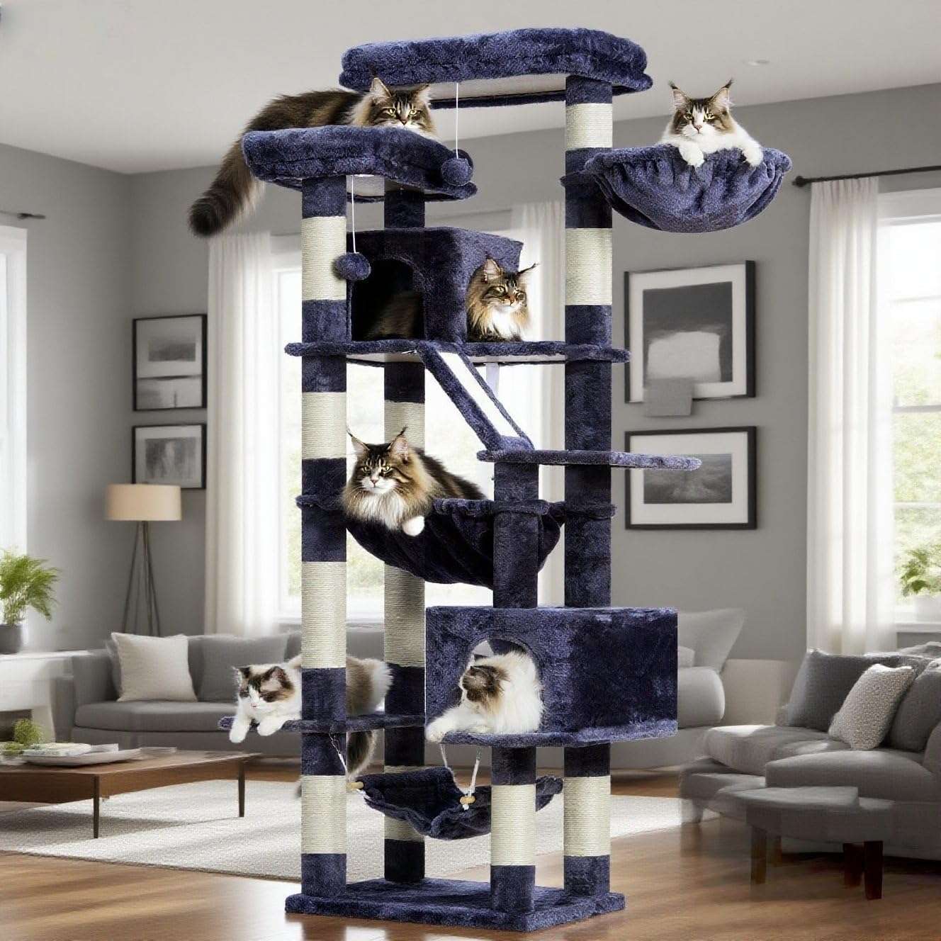 Torre rascador multi nivel de 180 centimetros para gatos con cuevas camas y tabla.