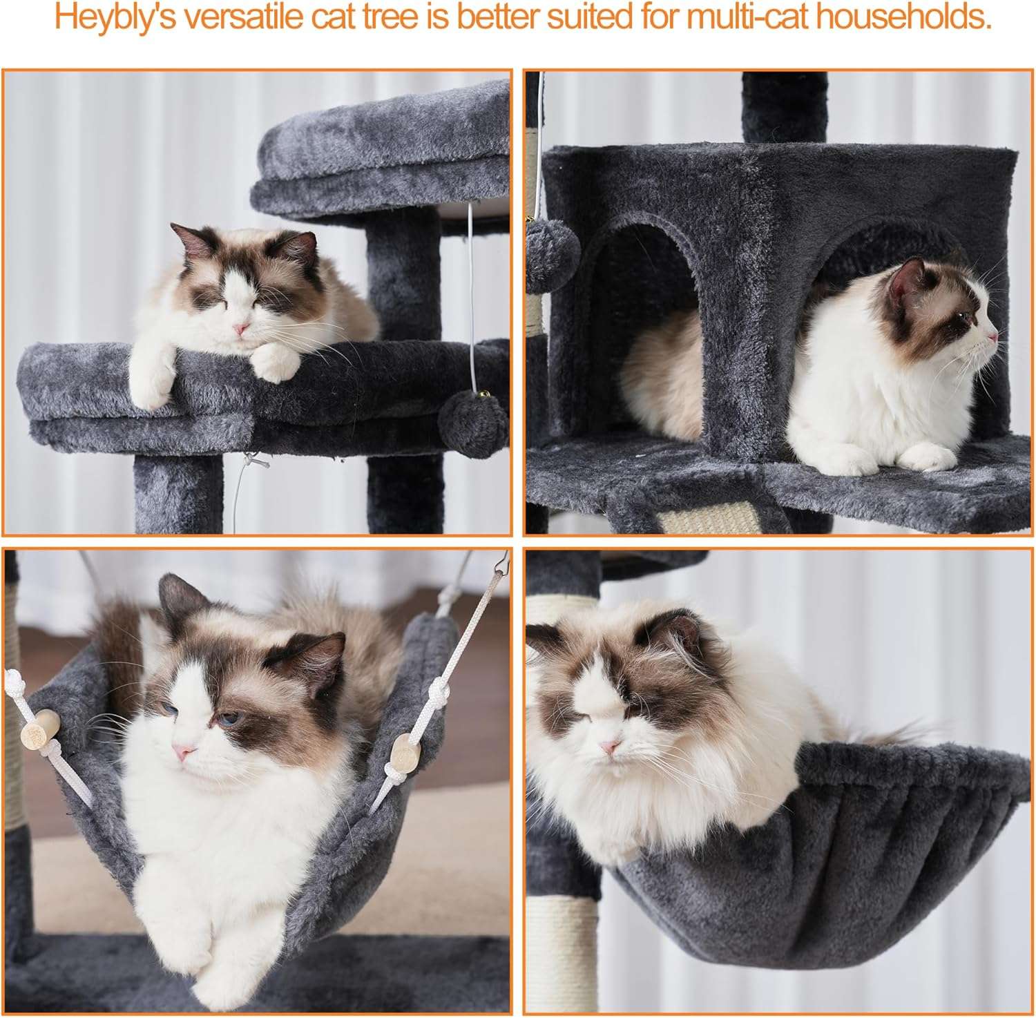 Torre rascador multi nivel de 180 centimetros para gatos con cuevas camas y tabla.