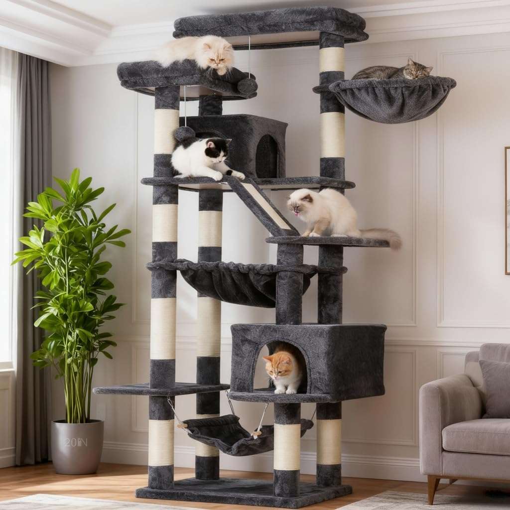 Torre rascador multi nivel de 180 centimetros para gatos con cuevas camas y tabla.