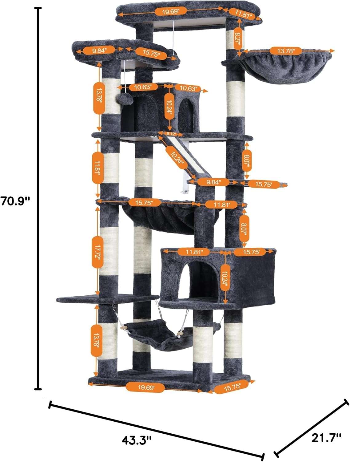 Torre rascador multi nivel de 180 centimetros para gatos con cuevas camas y tabla.