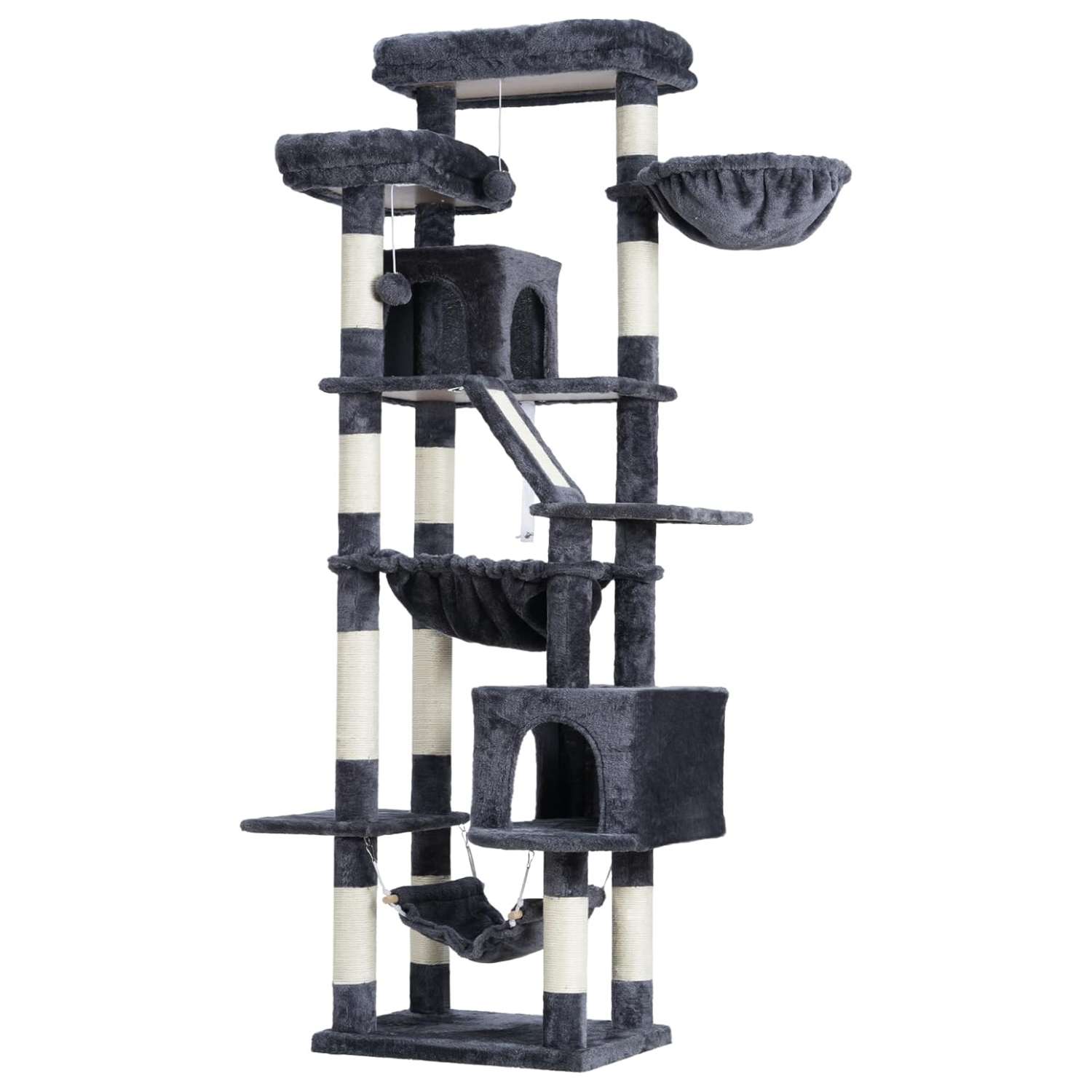 Torre rascador multi-nivel (ciento ochenta centimetros) con seis refugios. Kit anti-puntas y capacidad para cinco gatos.