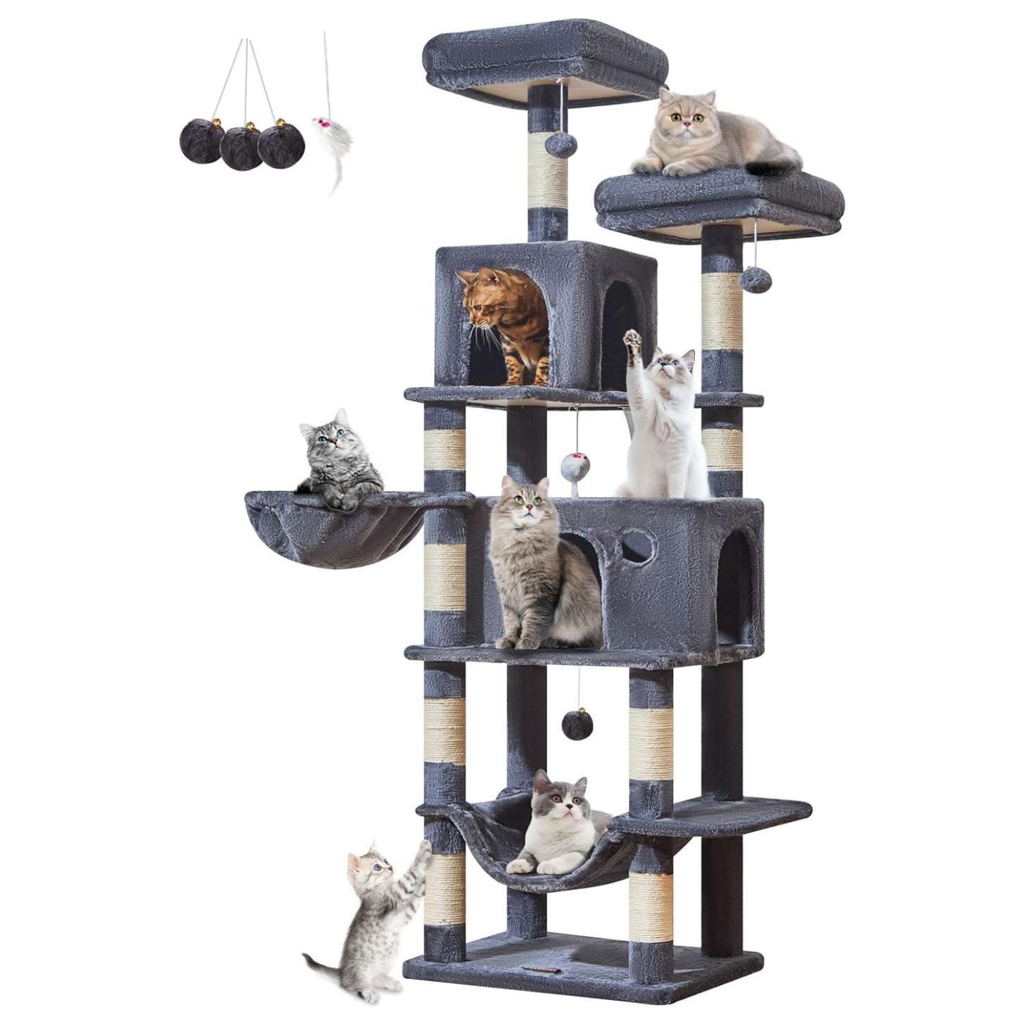Torre rascador multi-nivel (ciento ochenta y cinco centimetros) con doce postes de sisal y doble cueva de felpa.