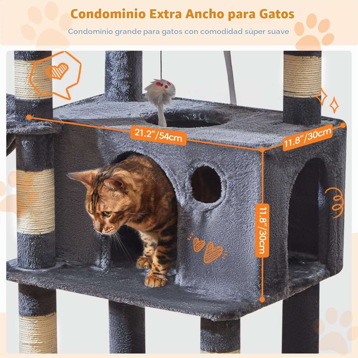 Torre rascador multi-nivel (ciento ochenta y cinco centimetros) con doce postes de sisal y doble cueva de felpa.