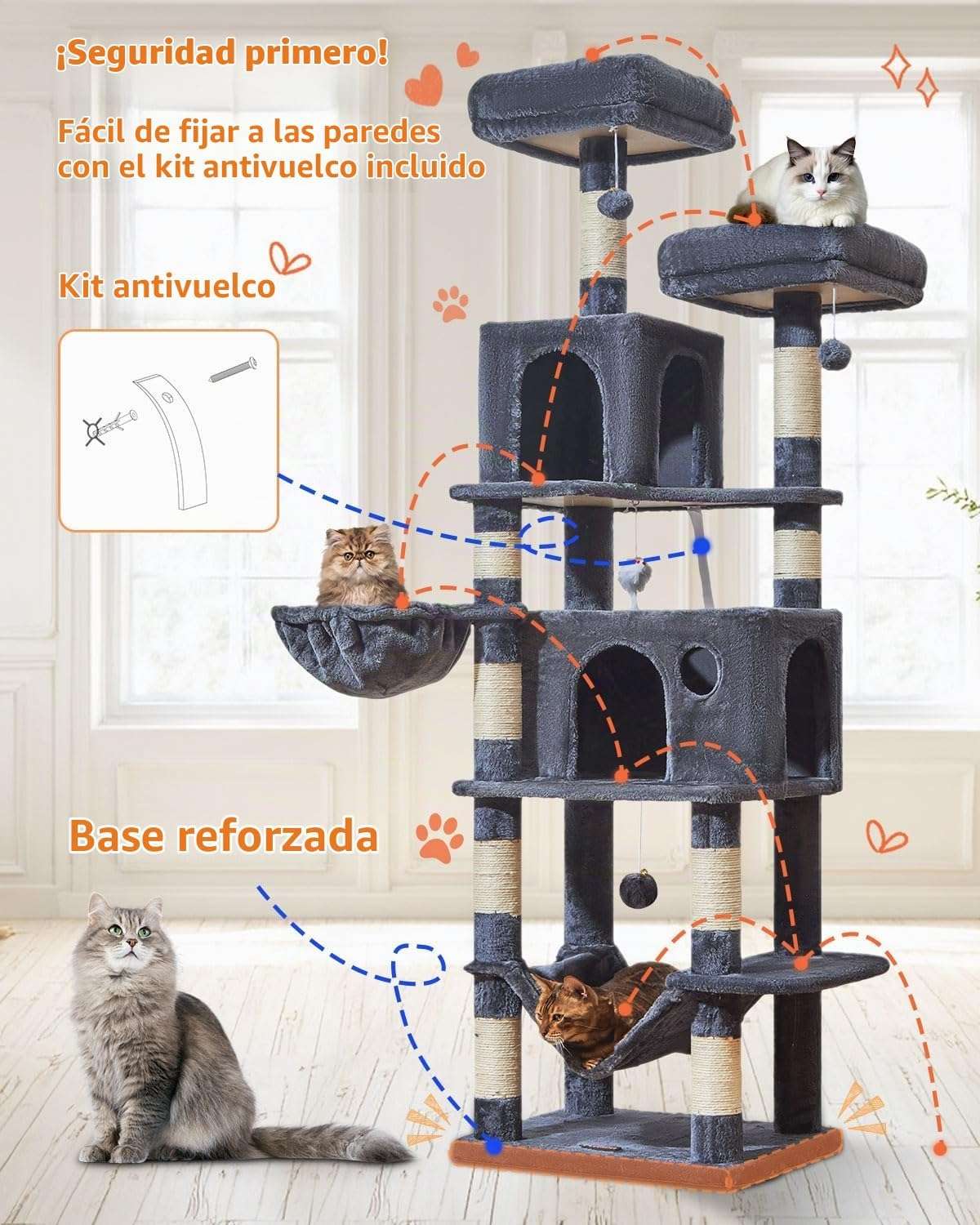 Torre rascador multi-nivel (ciento ochenta y cinco centimetros) con doce postes de sisal y doble cueva de felpa.