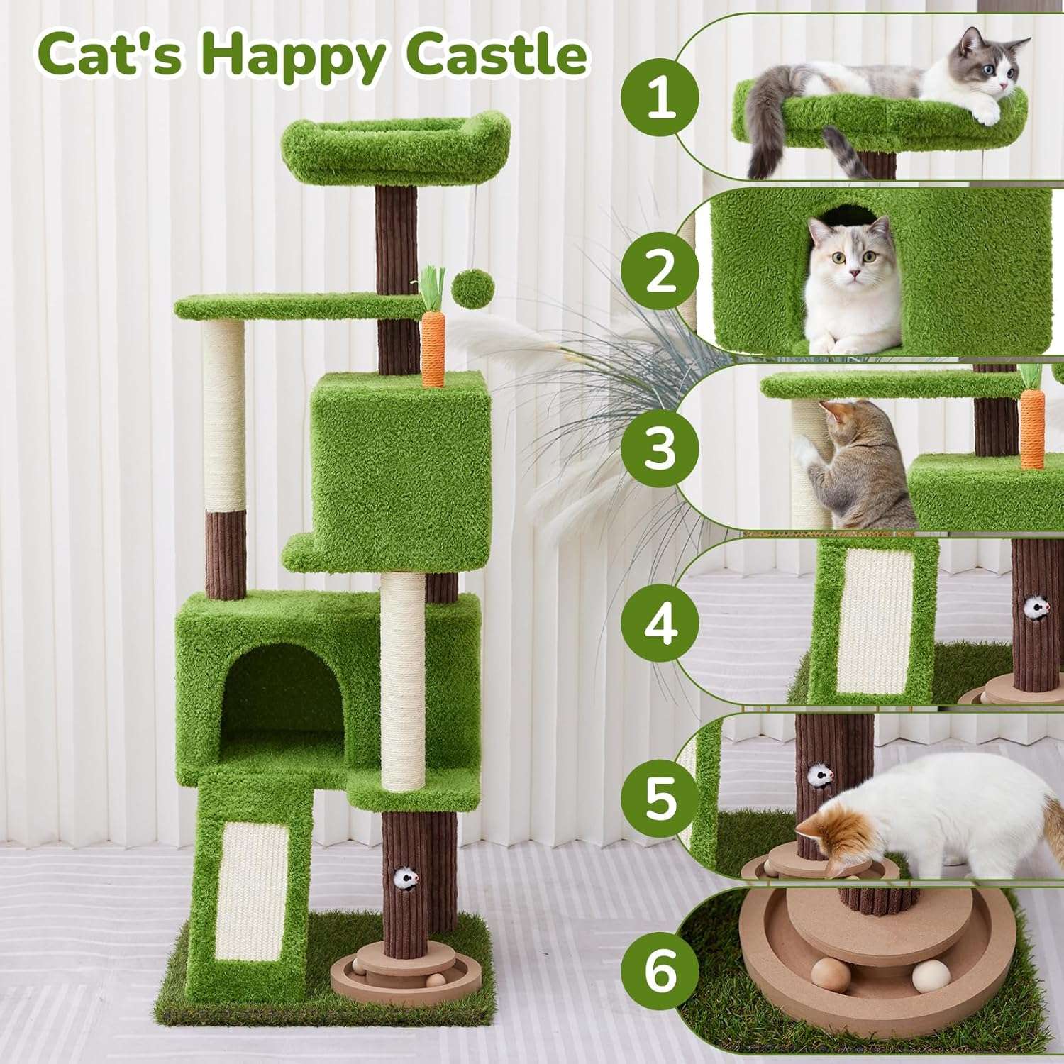 Torre rascador de diseño Planta Verde de 136 cm. Base estable de 49 por 49 cm. Doble seguridad anti-vuelco y apartamentos para varios gatos.