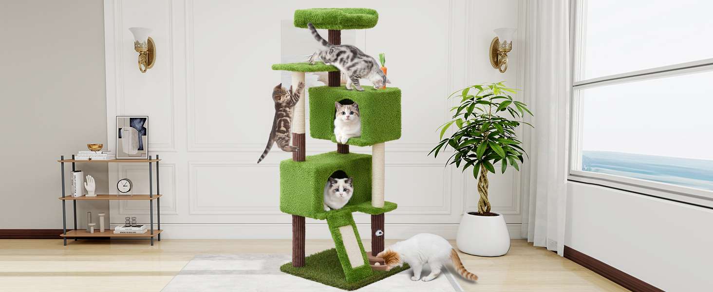 Torre rascador de diseño Planta Verde de 136 cm. Base estable de 49 por 49 cm. Doble seguridad anti-vuelco y apartamentos para varios gatos.