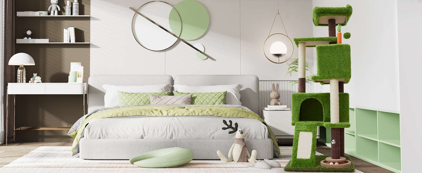 Torre rascador de diseño Planta Verde de 136 cm. Base estable de 49 por 49 cm. Doble seguridad anti-vuelco y apartamentos para varios gatos.