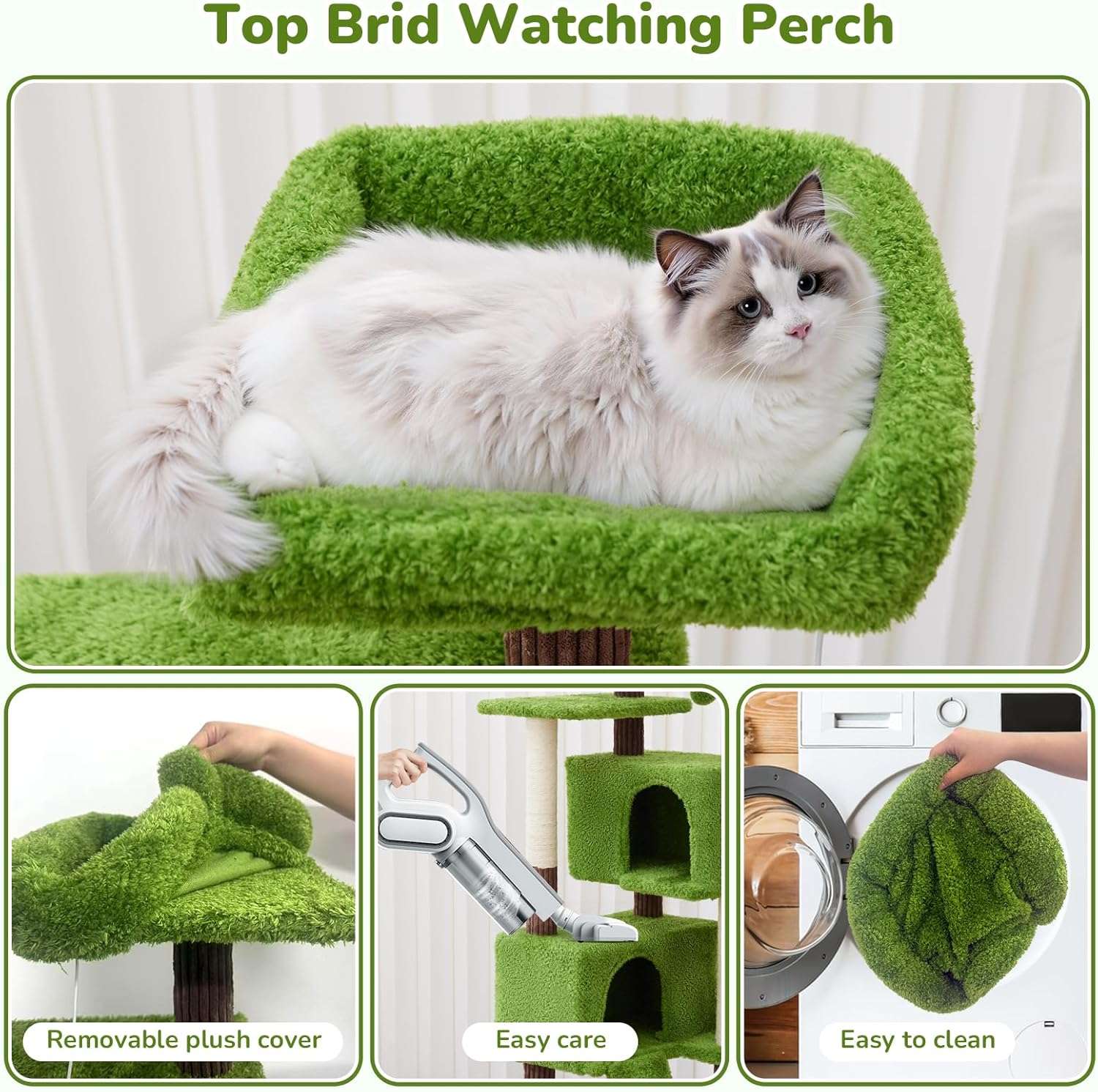 Torre rascador de diseño Planta Verde de 136 cm. Base estable de 49 por 49 cm. Doble seguridad anti-vuelco y apartamentos para varios gatos.