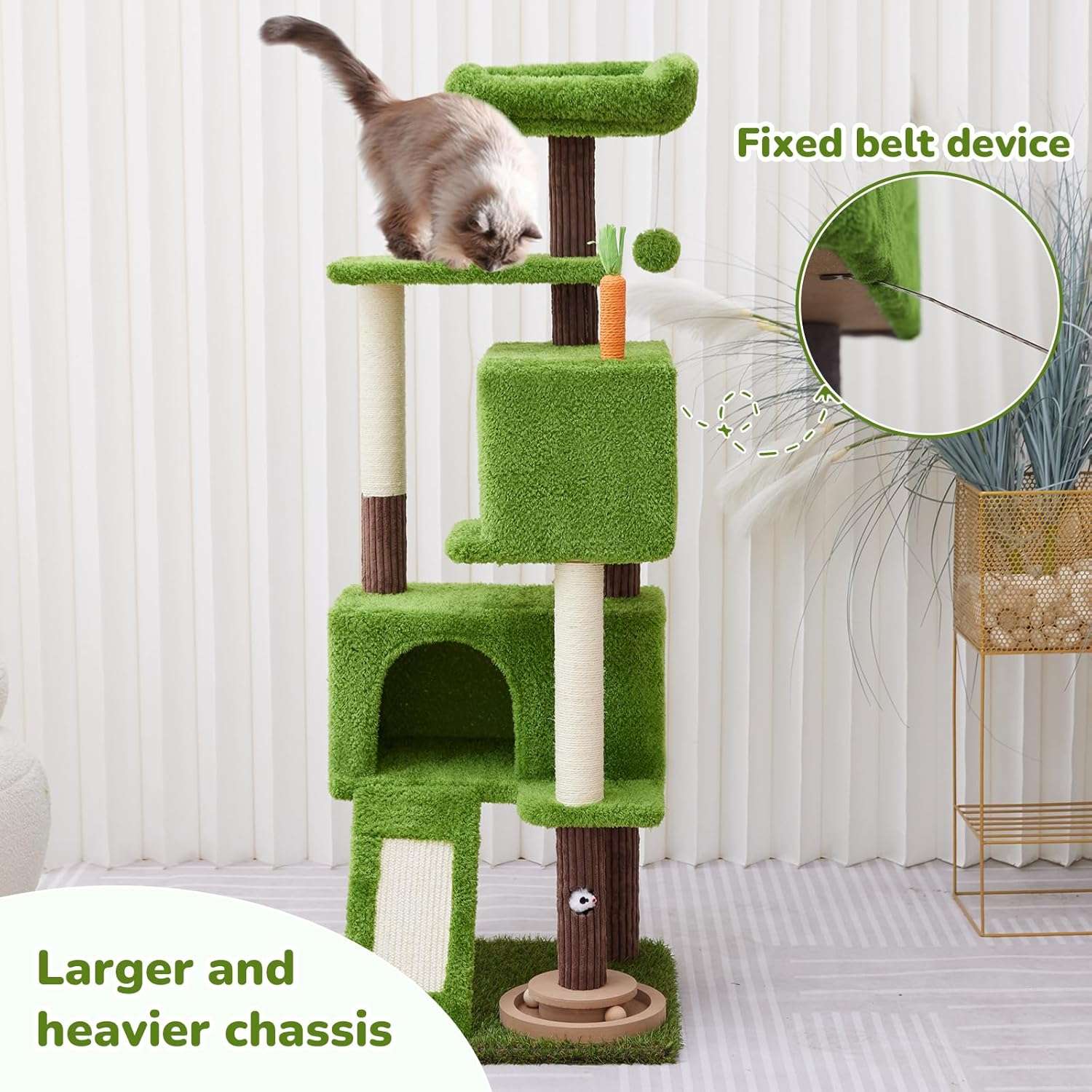 Torre rascador de diseño Planta Verde de 136 cm. Base estable de 49 por 49 cm. Doble seguridad anti-vuelco y apartamentos para varios gatos.