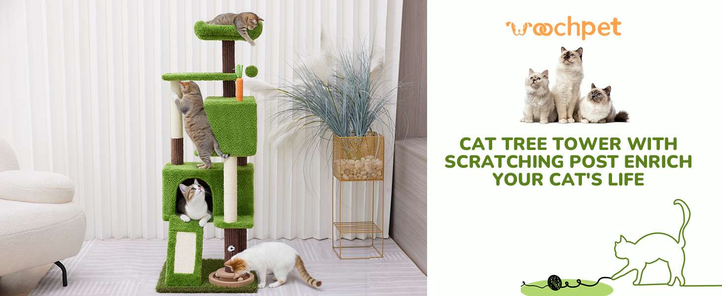 Torre rascador de diseño Planta Verde de 136 cm. Base estable de 49 por 49 cm. Doble seguridad anti-vuelco y apartamentos para varios gatos.