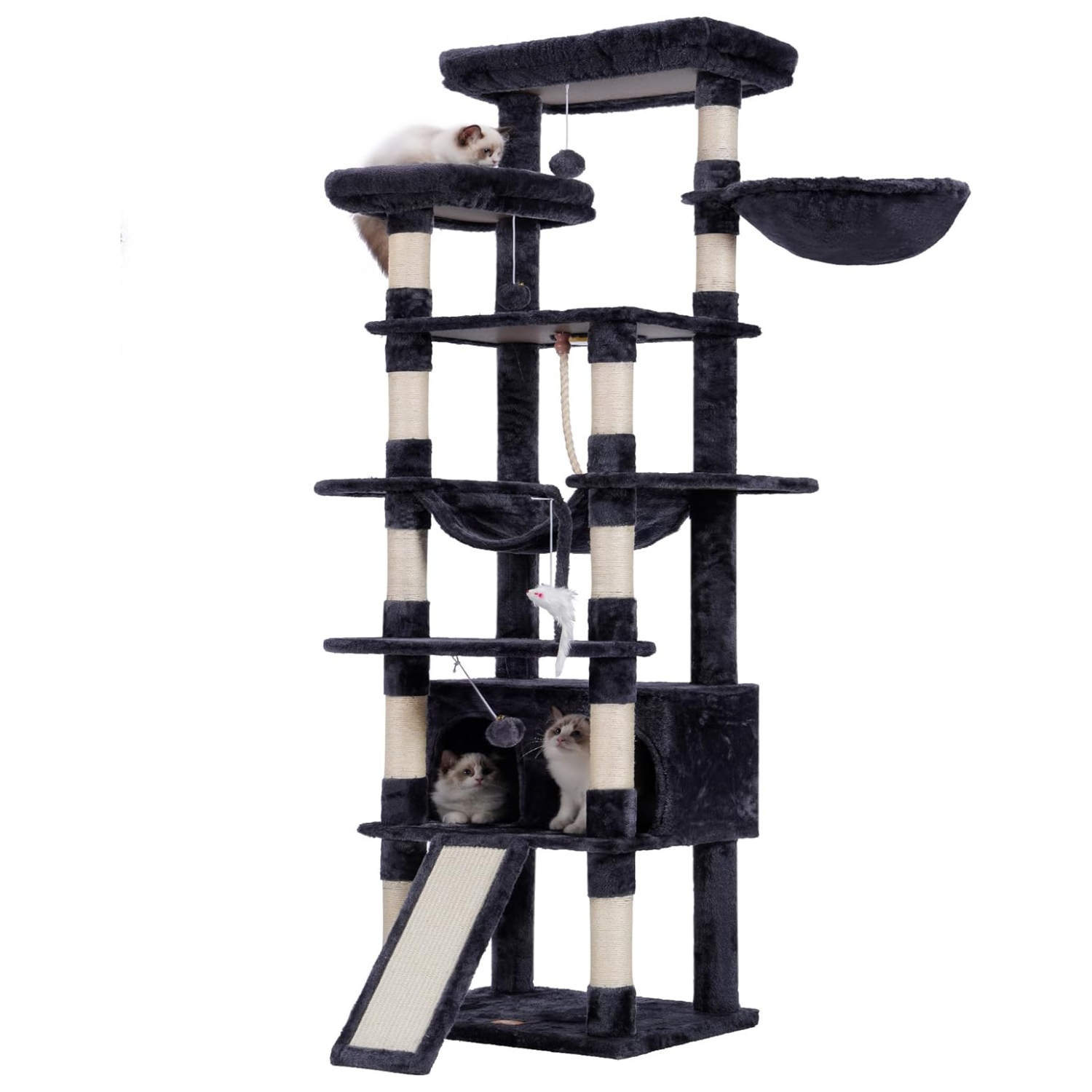 Torre rascador premium (doscientos centimetros) con perchas amplias. Canasta para gatos grandes y postes resistentes.