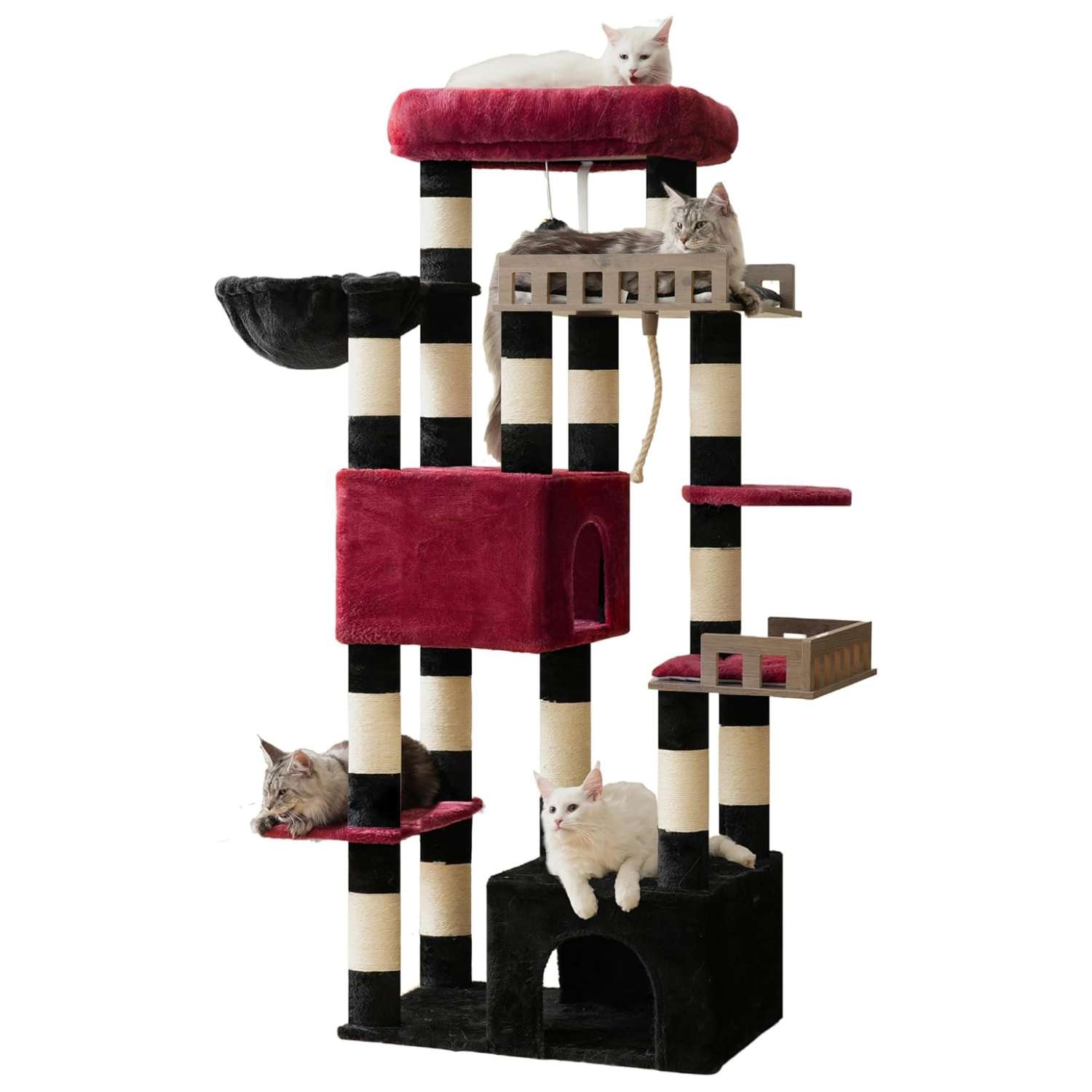 Torre rascador reforzada (ciento setenta y ocho centimetros) con quince postes de sisal y dos cuevas grandes. Base ancha para estabilidad.