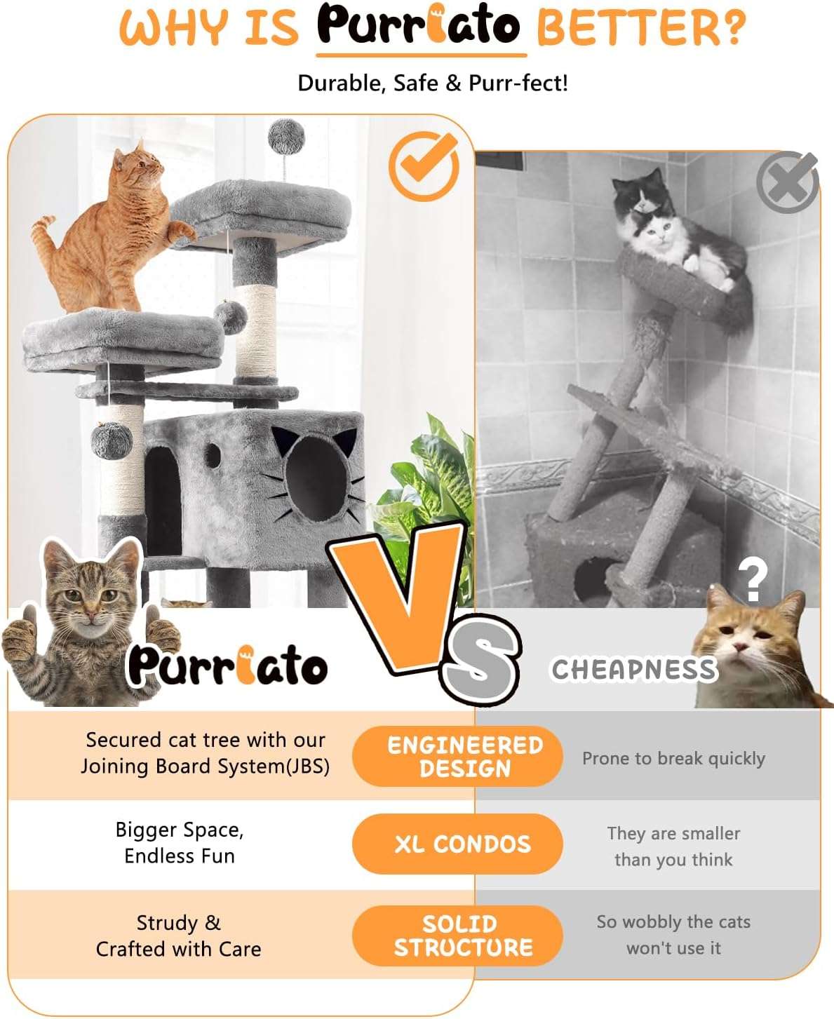 Torre rascador robusta de 170 centimetros con rampa de sisal y cueva grande. Estructura estable con kit anti-caida para gatos multiples.