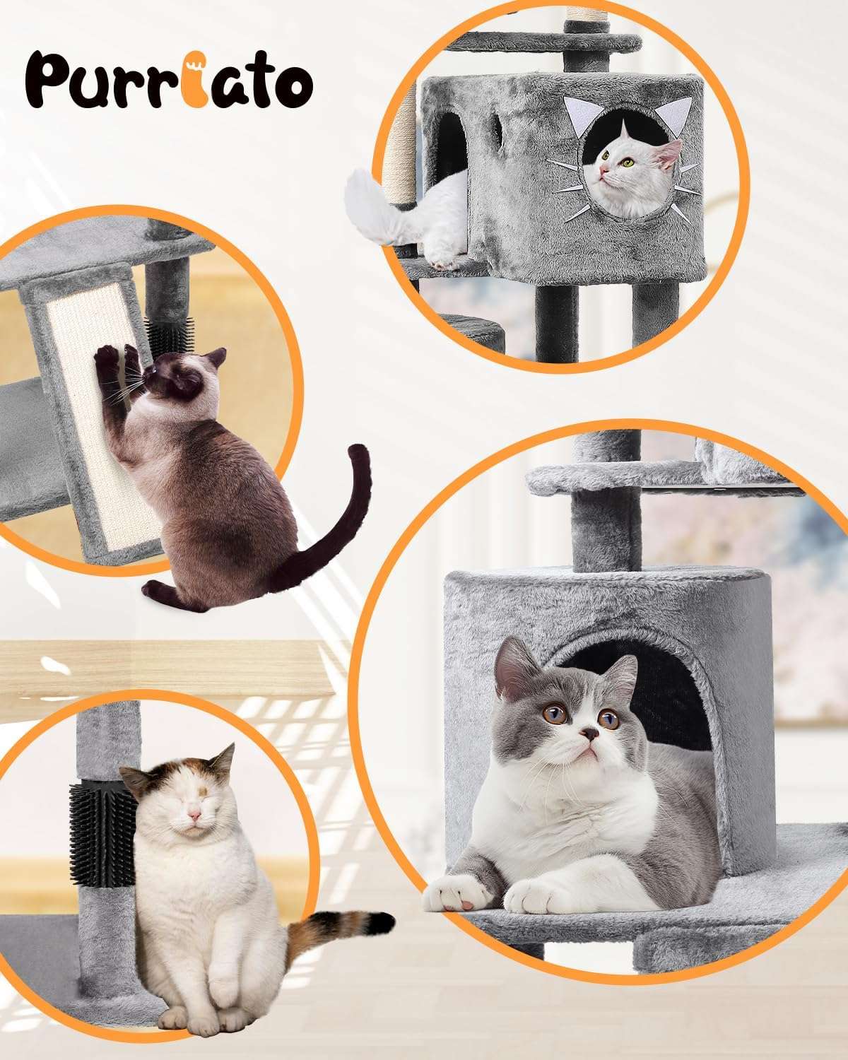 Torre rascador robusta de 170 centimetros con rampa de sisal y cueva grande. Estructura estable con kit anti-caida para gatos multiples.