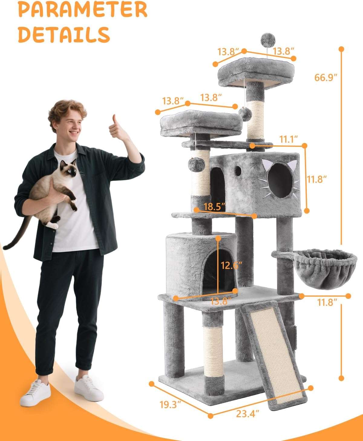 Torre rascador robusta de 170 centimetros con rampa de sisal y cueva grande. Estructura estable con kit anti-caida para gatos multiples.