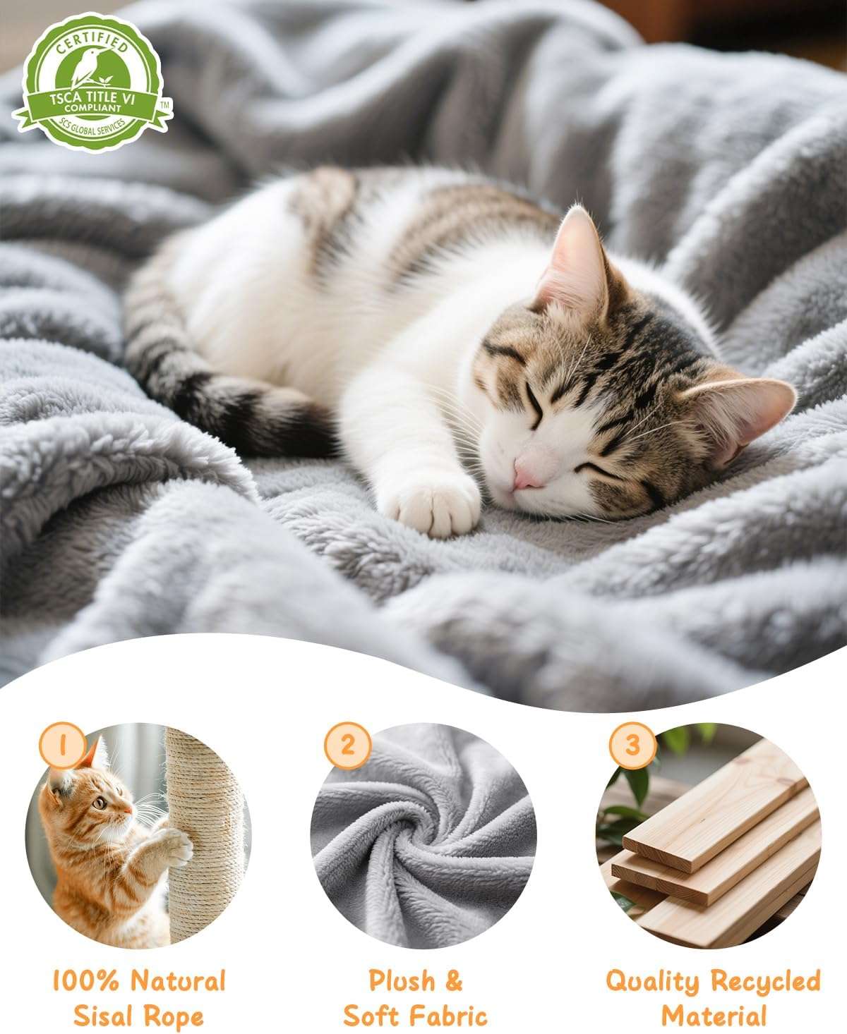 Torre rascador robusta de 170 centimetros con rampa de sisal y cueva grande. Estructura estable con kit anti-caida para gatos multiples.