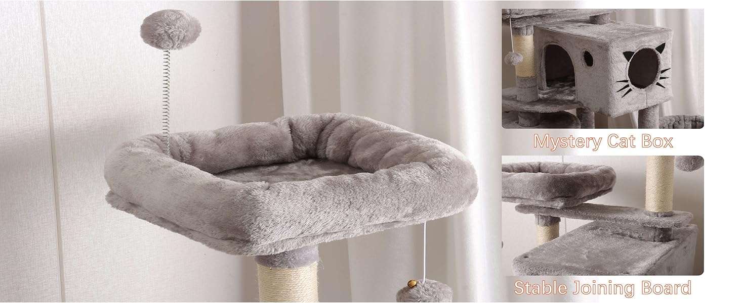 Torre rascador robusta de 170 centimetros con rampa de sisal y cueva grande. Estructura estable con kit anti-caida para gatos multiples.