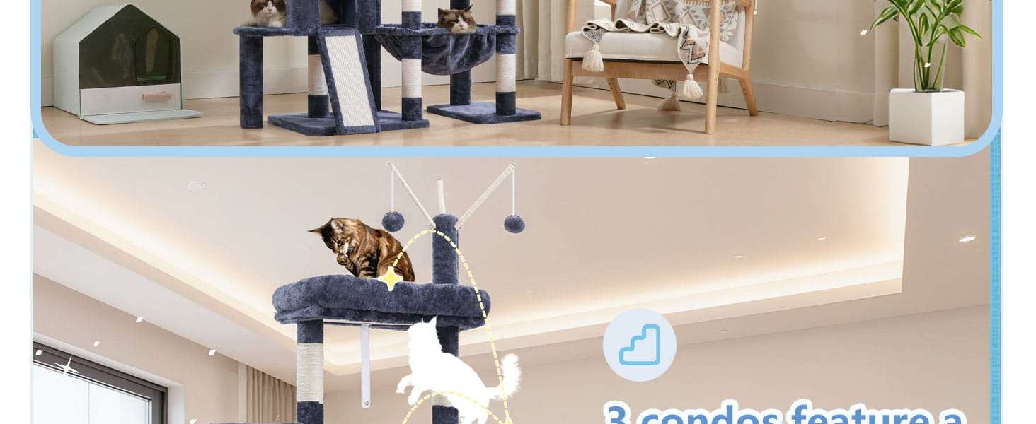 Torre rascador super estable (ciento cincuenta y siete centimetros) con diseño escalera. Triple condominio y doble base para gatos multiples.