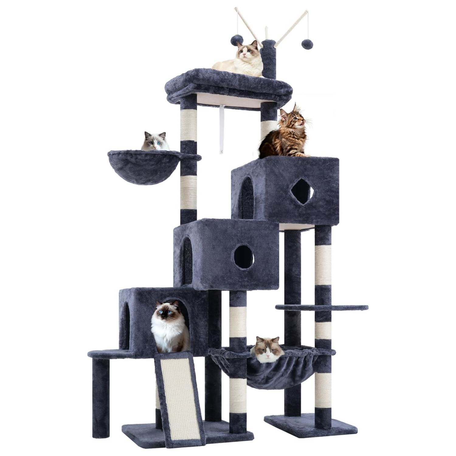 Torre rascador super estable (ciento cincuenta y siete centimetros) con diseño escalera. Triple condominio y doble base para gatos multiples.