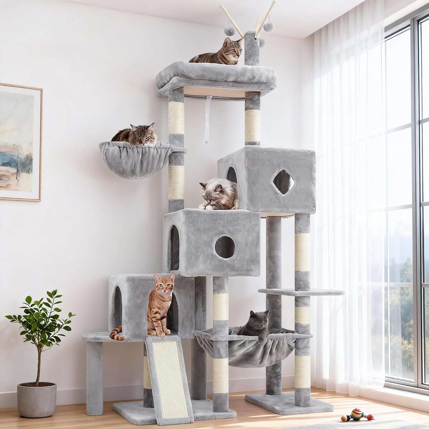 Torre rascador super estable (ciento cincuenta y siete centimetros) con diseño escalera. Triple condominio y doble base para gatos multiples.