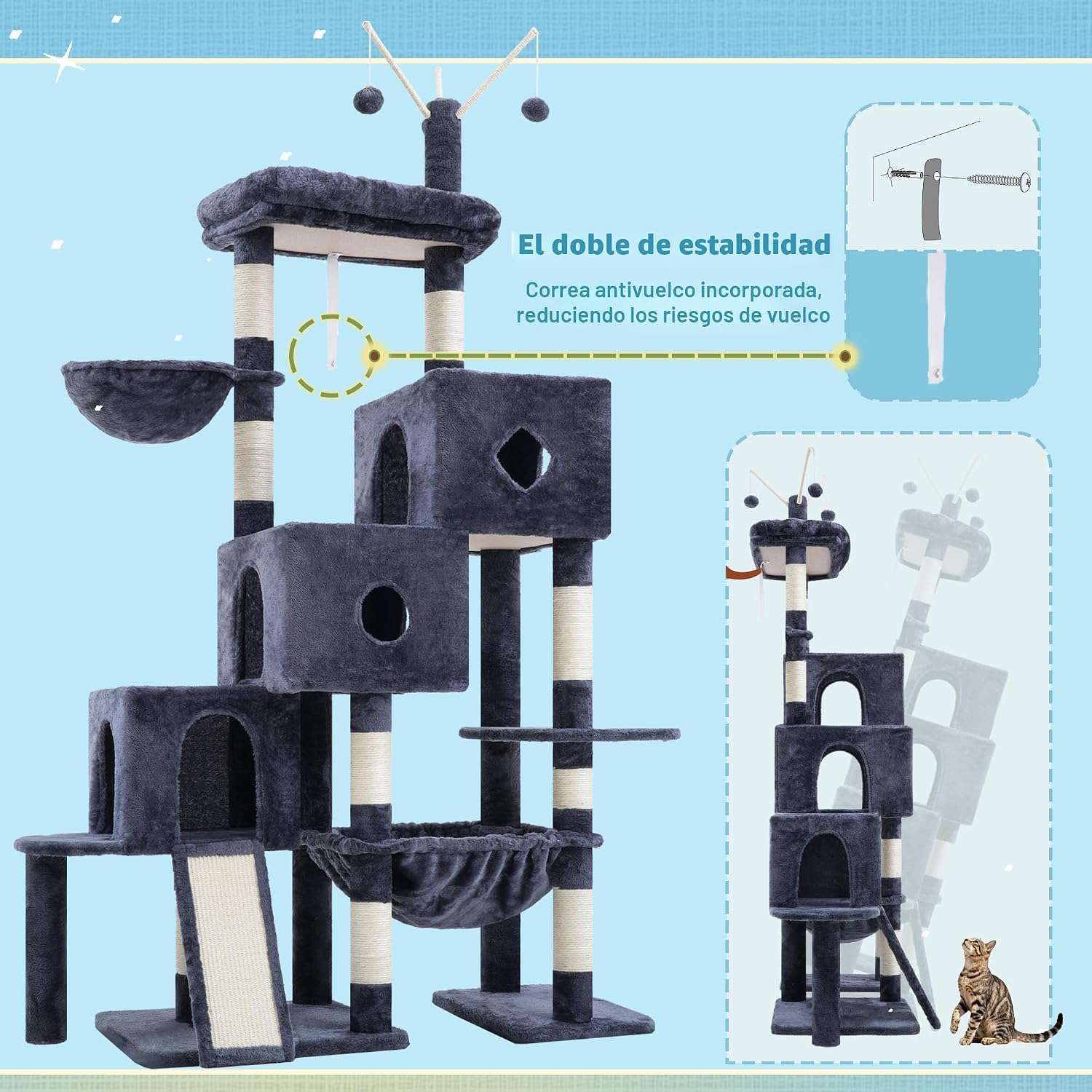 Torre rascador super estable (ciento cincuenta y siete centimetros) con diseño escalera. Triple condominio y doble base para gatos multiples.