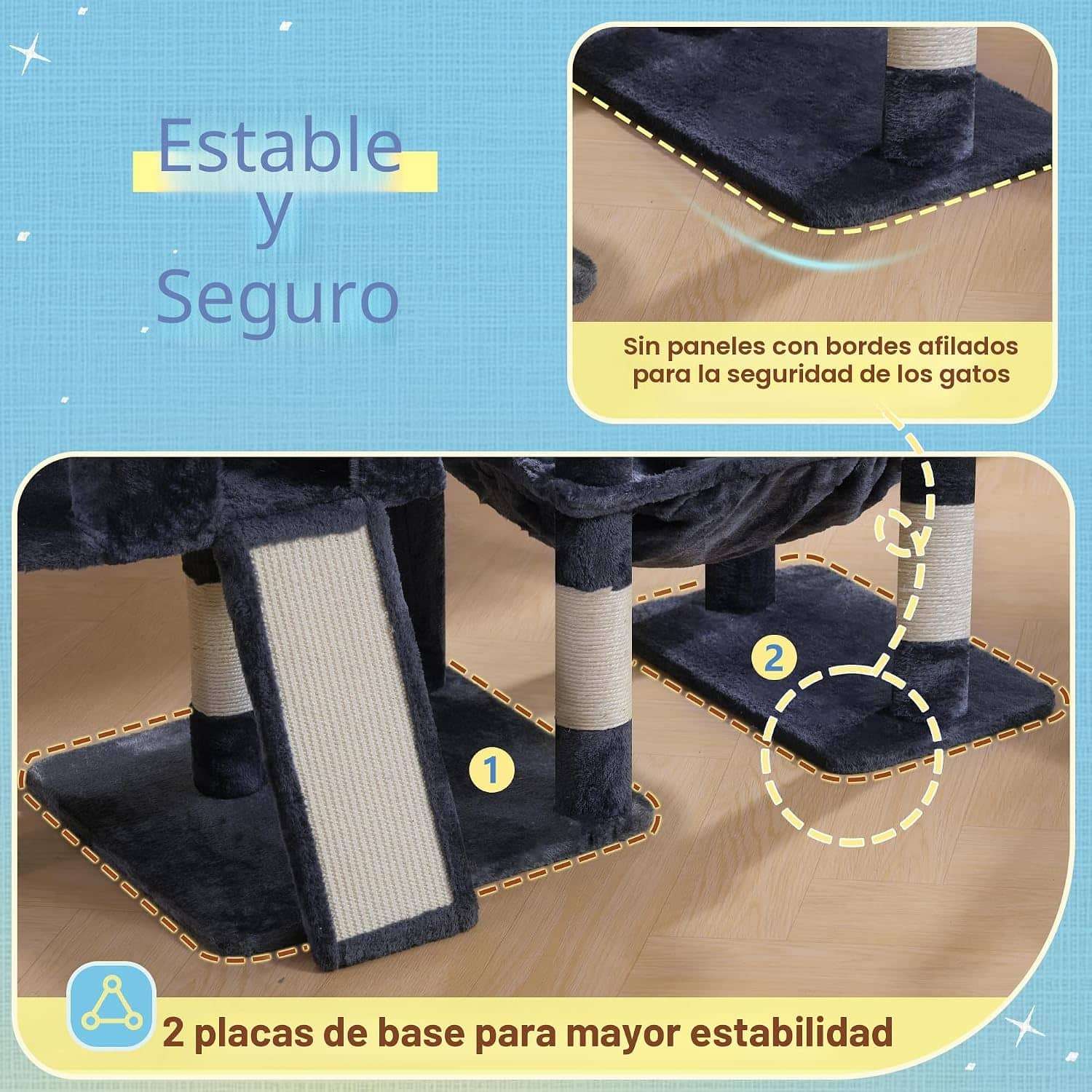Torre rascador super estable (ciento cincuenta y siete centimetros) con diseño escalera. Triple condominio y doble base para gatos multiples.