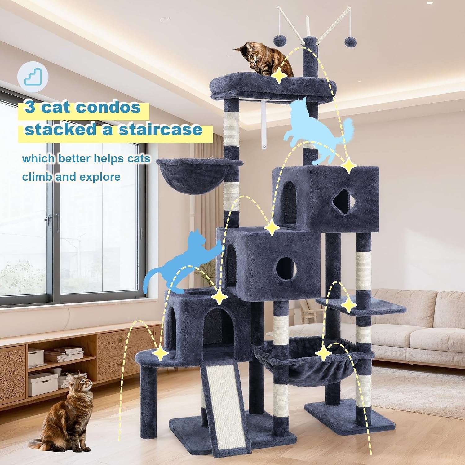Torre rascador super estable (ciento cincuenta y siete centimetros) con diseño escalera. Triple condominio y doble base para gatos multiples.