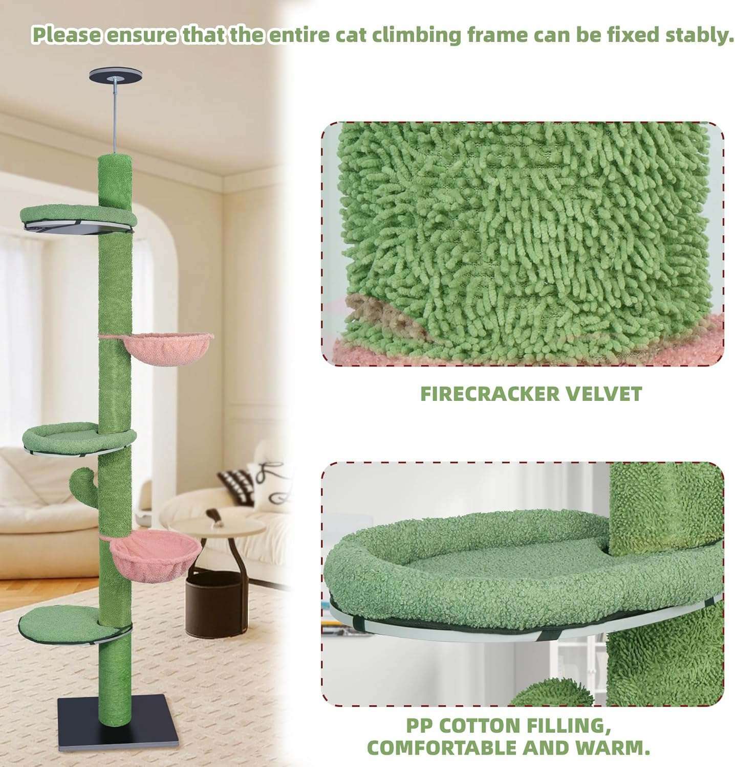 arbol rascador trepador para gatos ajustable de piso a techo color verde con hamaca y postes de sisal ideal para chile