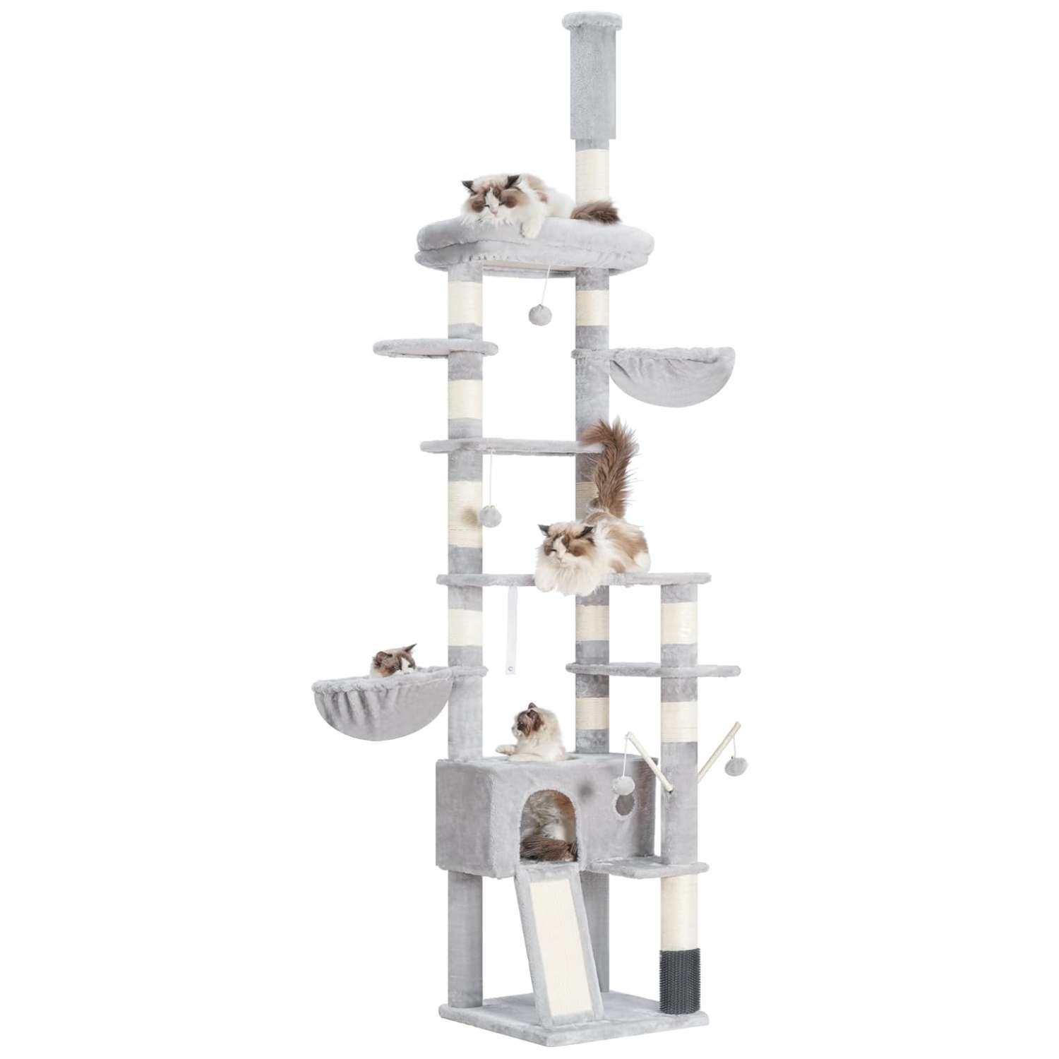 Torre rascador ajustable techo a piso (doscientos setenta centimetros). Diseño de base triple pilar para estabilidad.