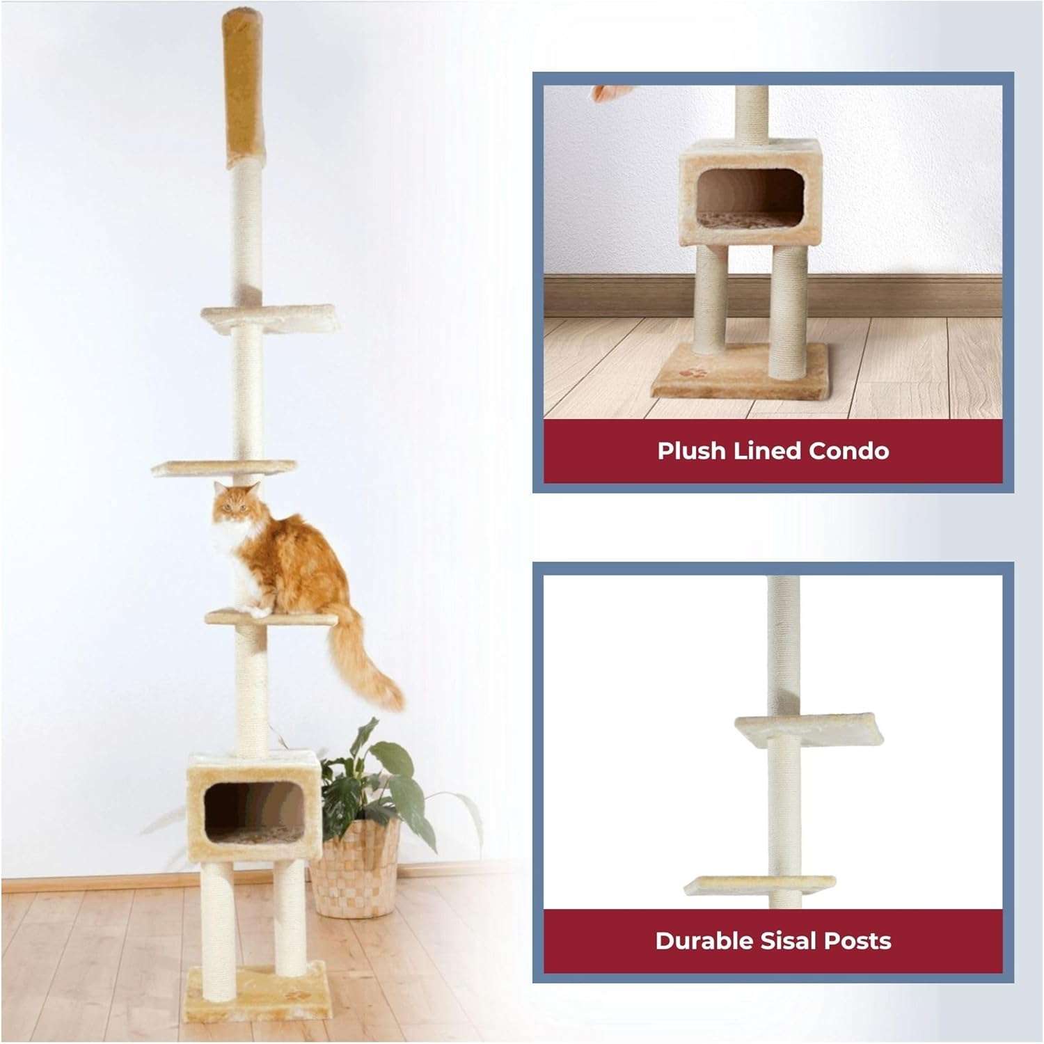 Torre rascador de techo a piso para gatos grandes con plataformas ajustables y postes de sisal.