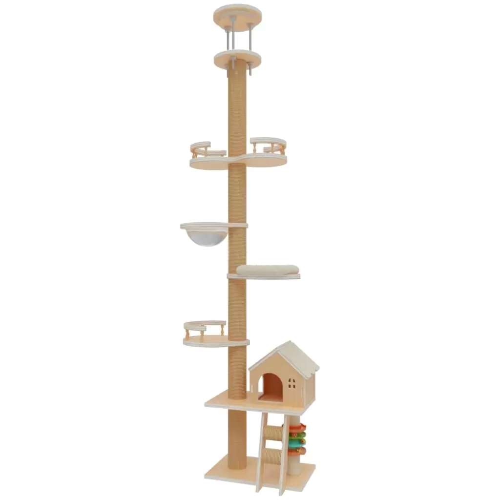 Torre rascador de techo a piso (trescientos cinco centimetros) de madera contrachapada. Base firme para tres gatos y hamaca transparente de trescientos sesenta grados.