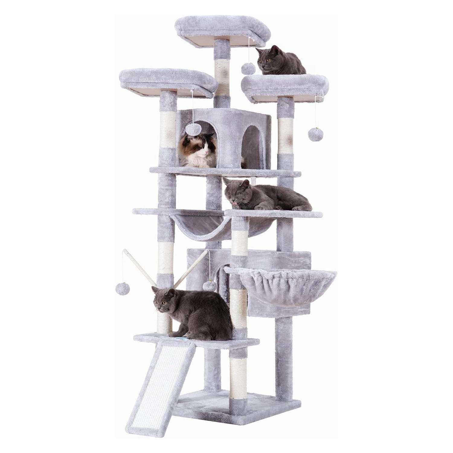 Arbol rascador vertical de madera para gatos con hamacas plataformas y postes de sisal