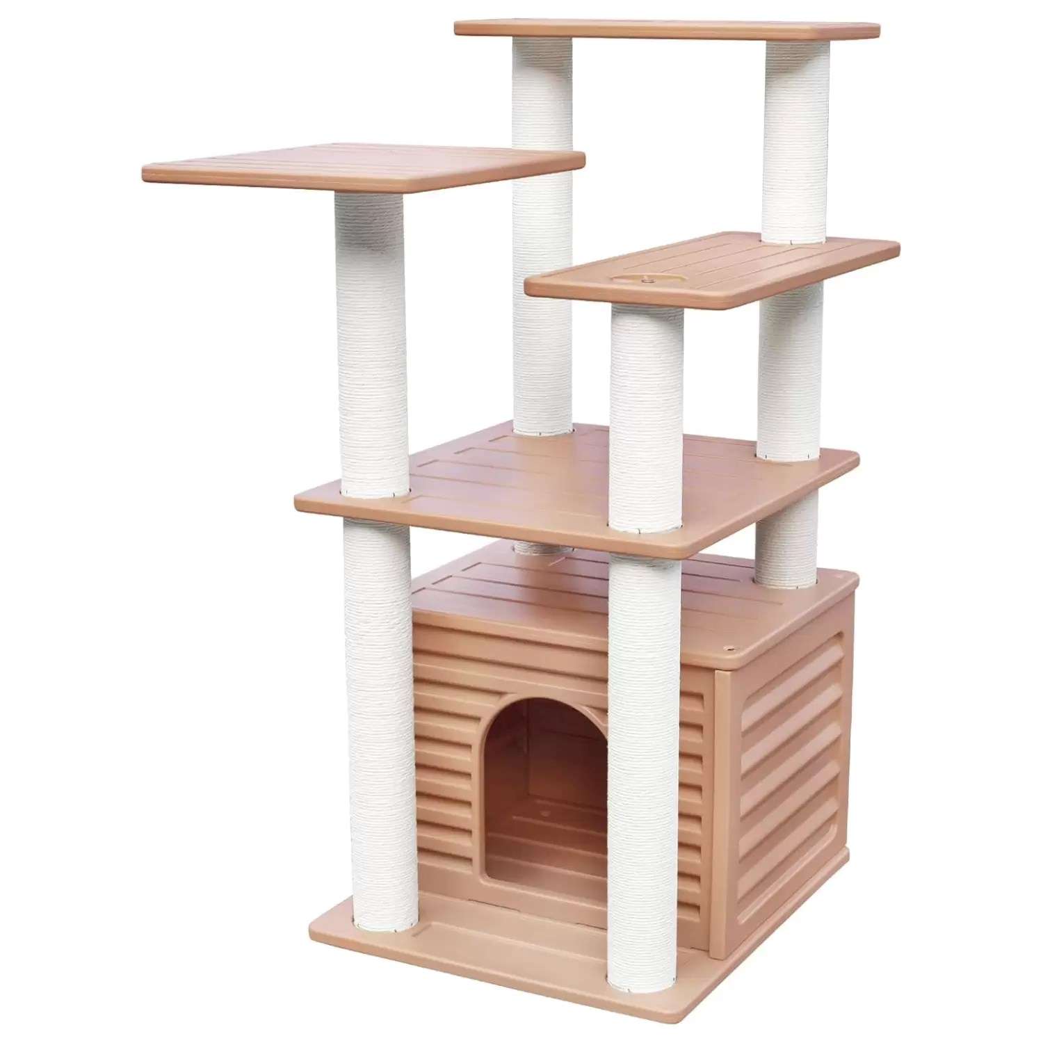 Torre rascador vertical impermeable (ciento diecisiete centimetros) de polietileno. Diseño para exterior con base compacta y acero inoxidable.
