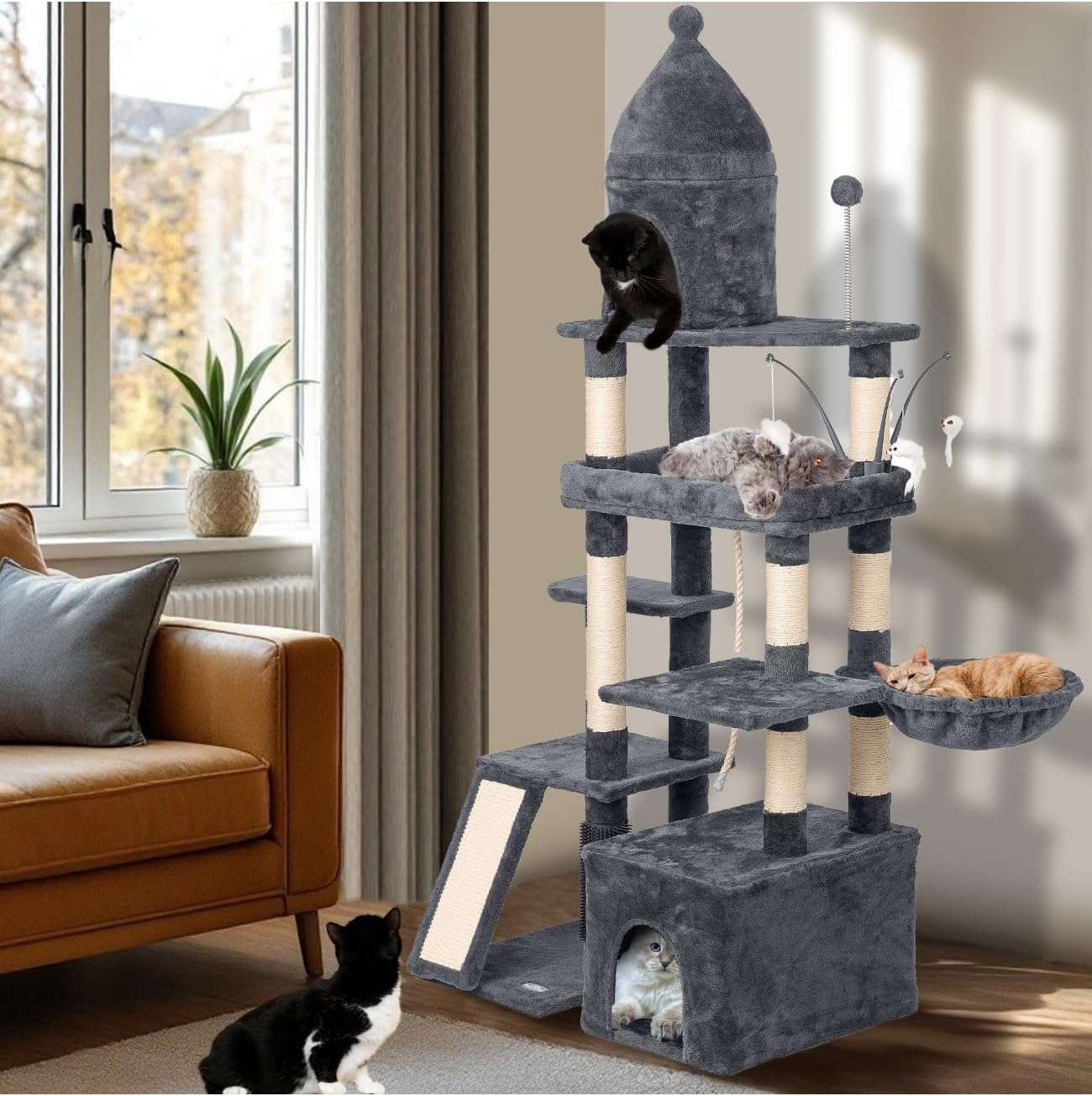 Torre rascador XL de 183x77x51 centimetros para gatos grandes. Estructura robusta con juguetes interactivos y postes de sisal.