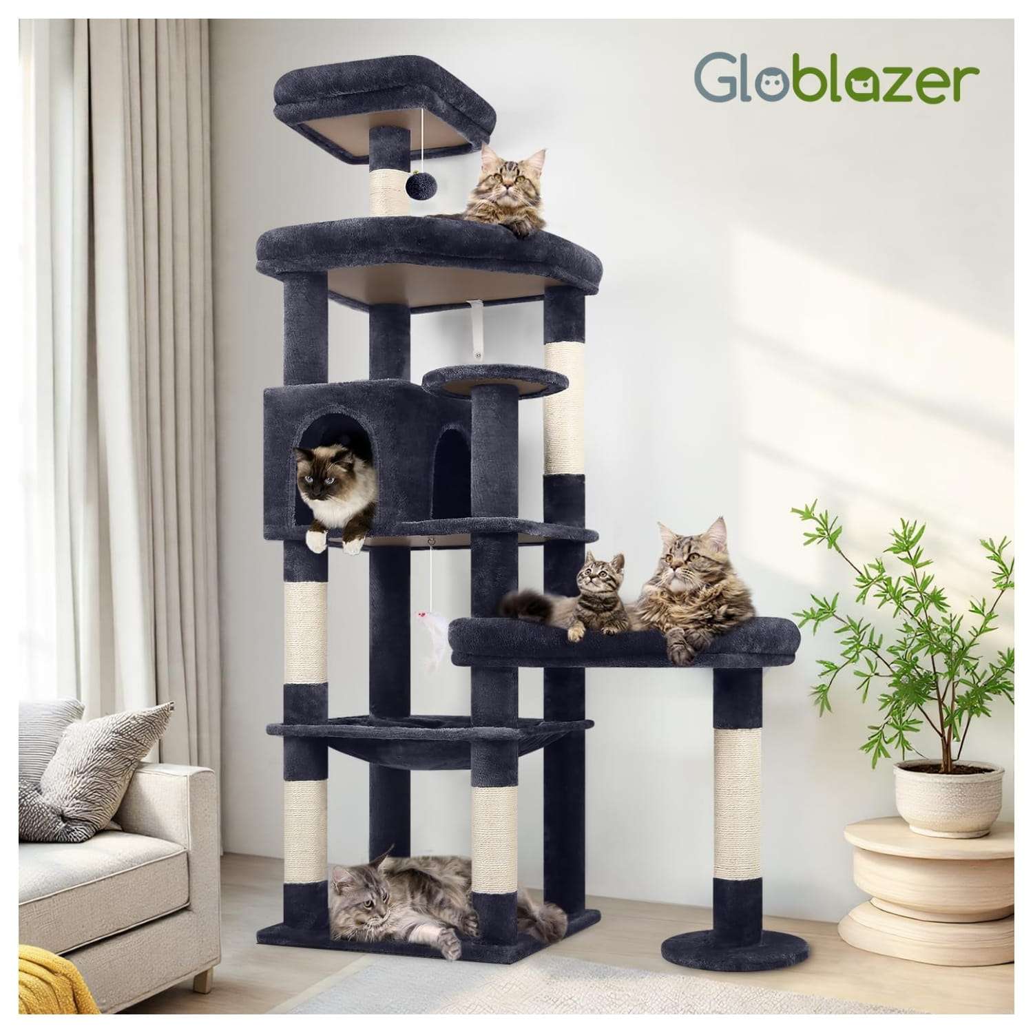 Torre rascador XL de 165x91x43 centimetros para gatos grandes. Base ampliada estable con 3 plataformas acolchadas hamaca y condominio.