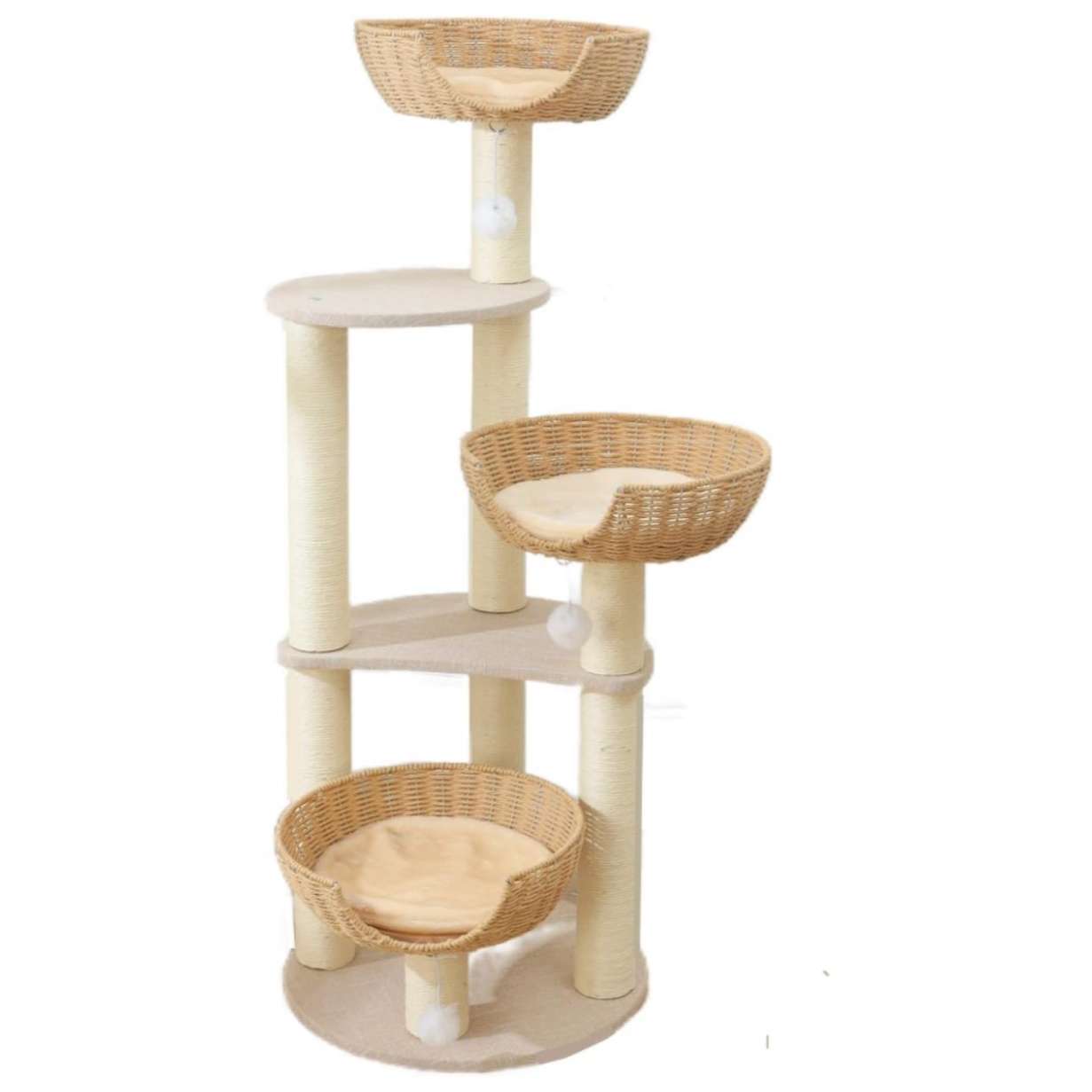 Torre rascador de 118 centimetros con tres cestas tejidas y estructura metalica resistente para gatos grandes.