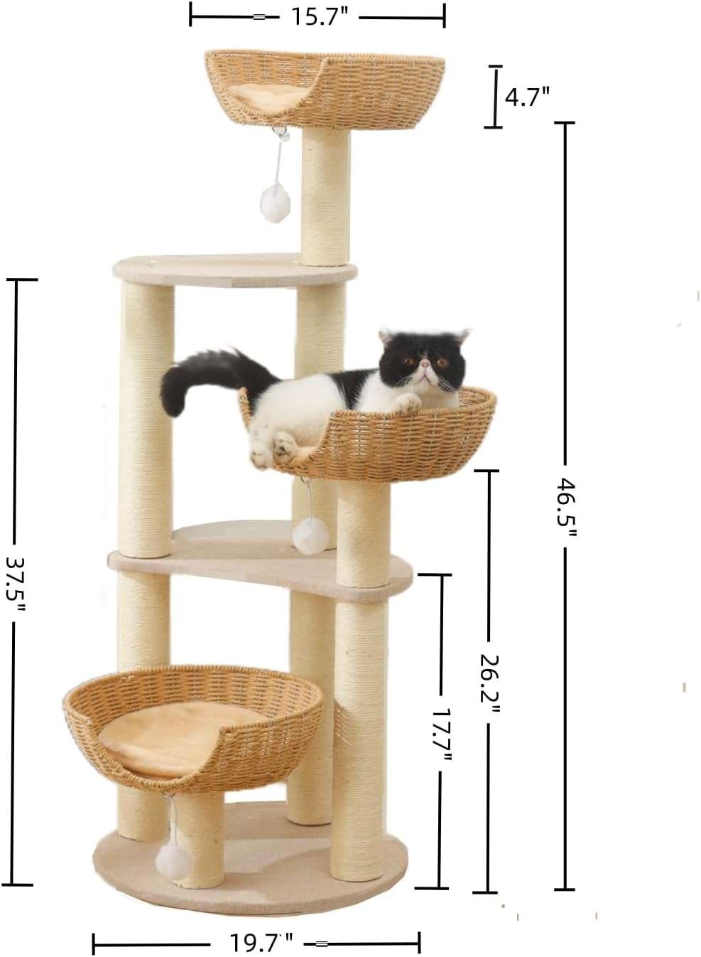 Torre rascador de 118 centimetros con tres cestas tejidas y estructura metalica resistente para gatos grandes.