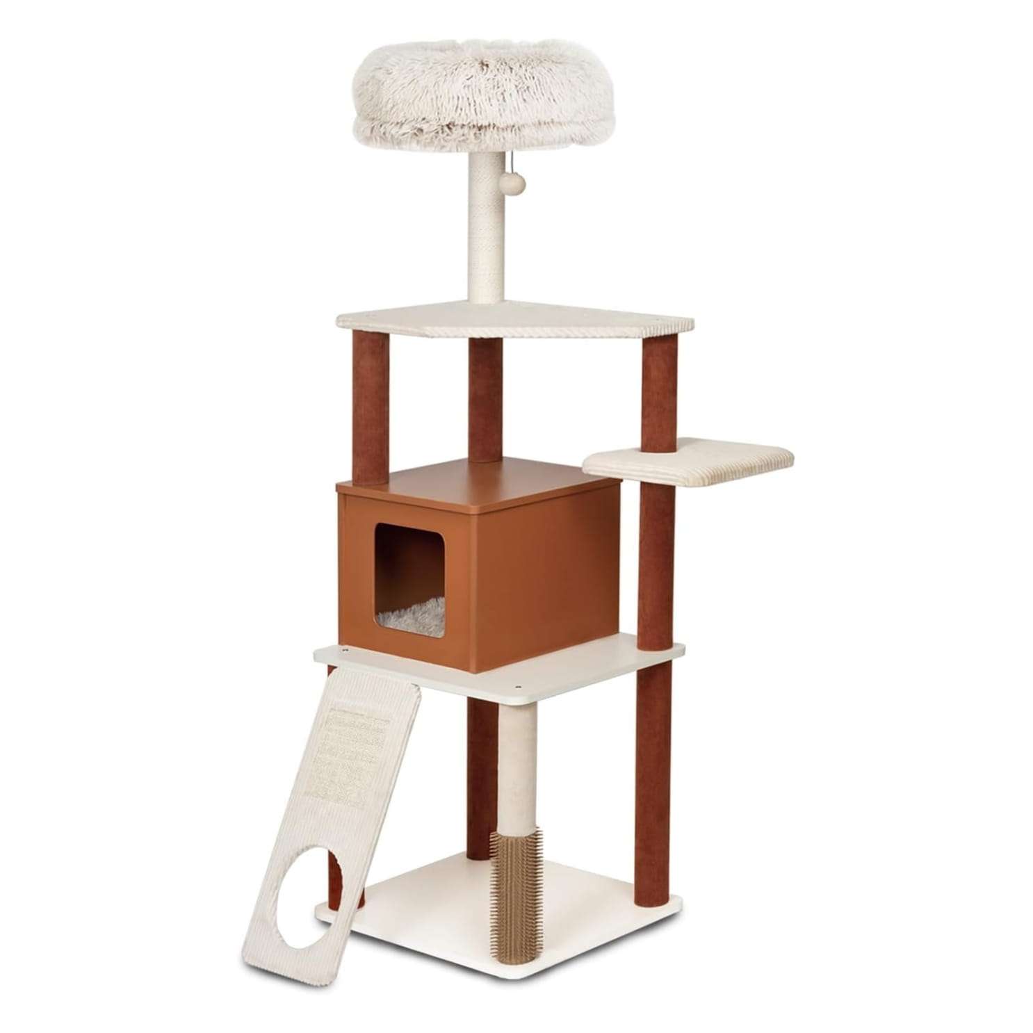 Torre rascador de 160 centimetros con rampa de acceso y condominio. Base ancha de 57 por 45 cm y estable para 4 gatos.