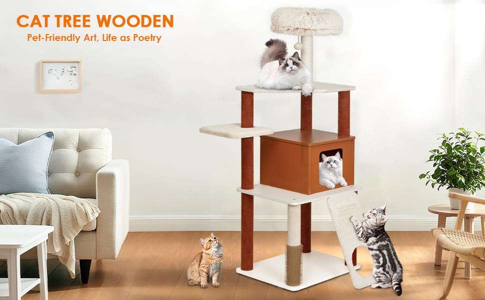 Torre rascador de 160 centimetros con rampa de acceso y condominio. Base ancha de 57 por 45 cm y estable para 4 gatos.