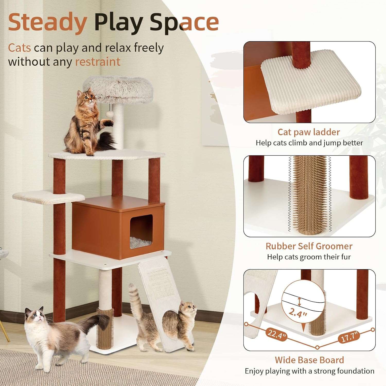Torre rascador de 160 centimetros con rampa de acceso y condominio. Base ancha de 57 por 45 cm y estable para 4 gatos.