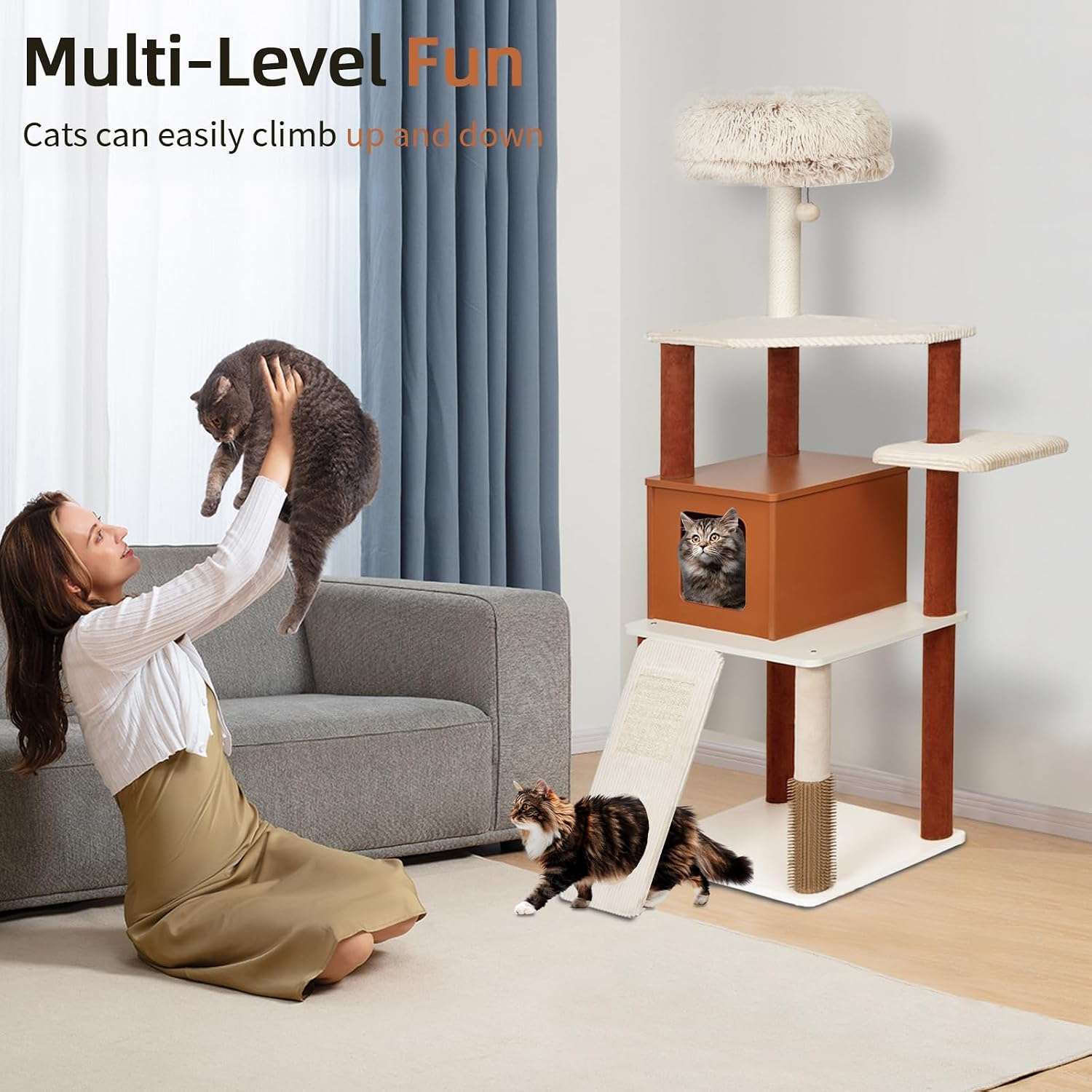 Torre rascador de 160 centimetros con rampa de acceso y condominio. Base ancha de 57 por 45 cm y estable para 4 gatos.